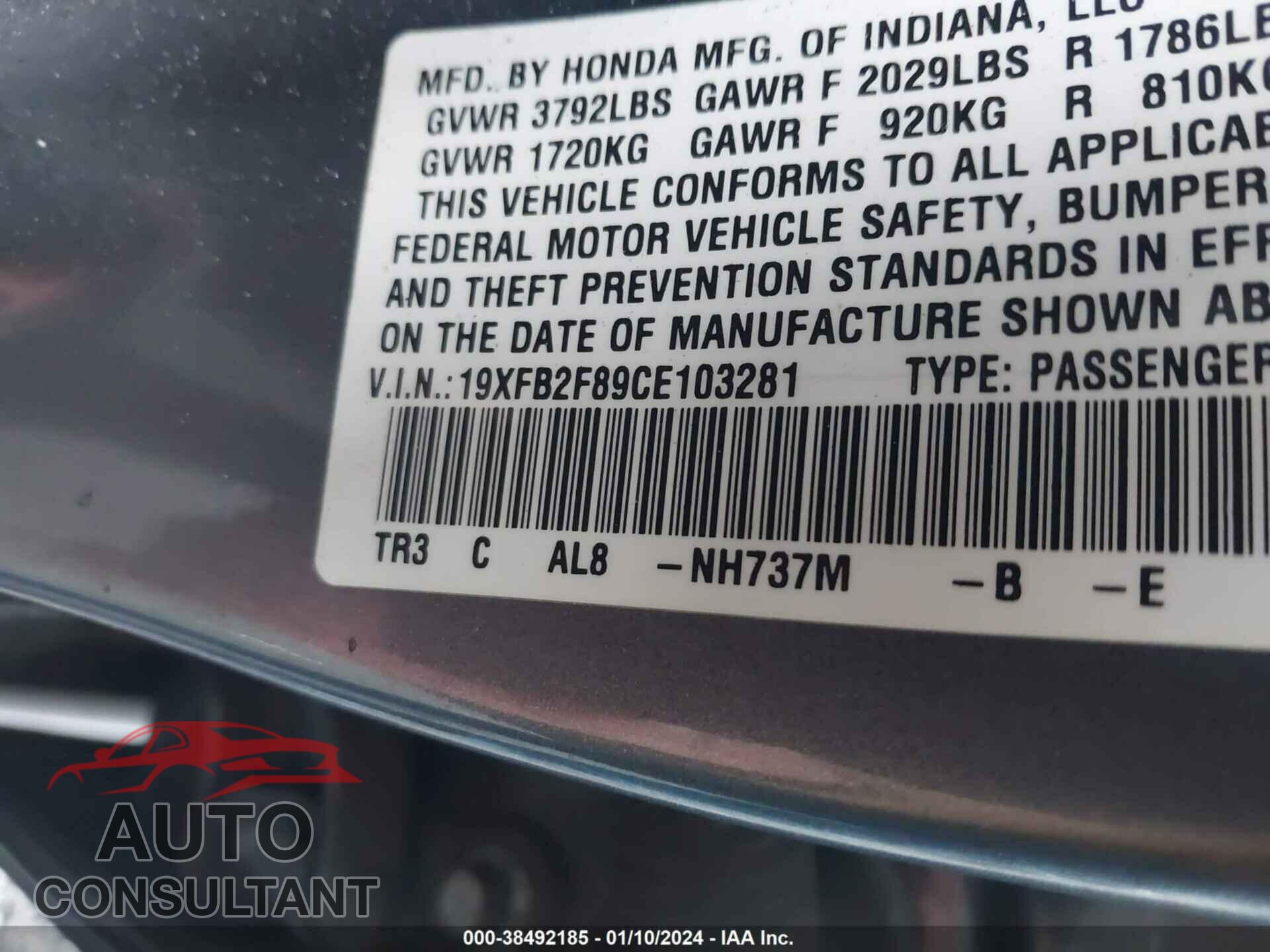 HONDA CIVIC 2012 - 19XFB2F89CE103281