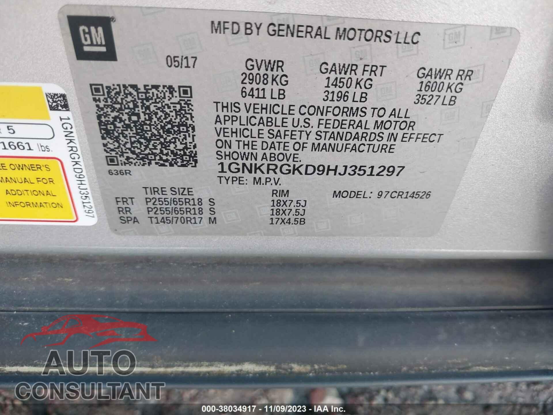 CHEVROLET TRAVERSE 2017 - 1GNKRGKD9HJ351297