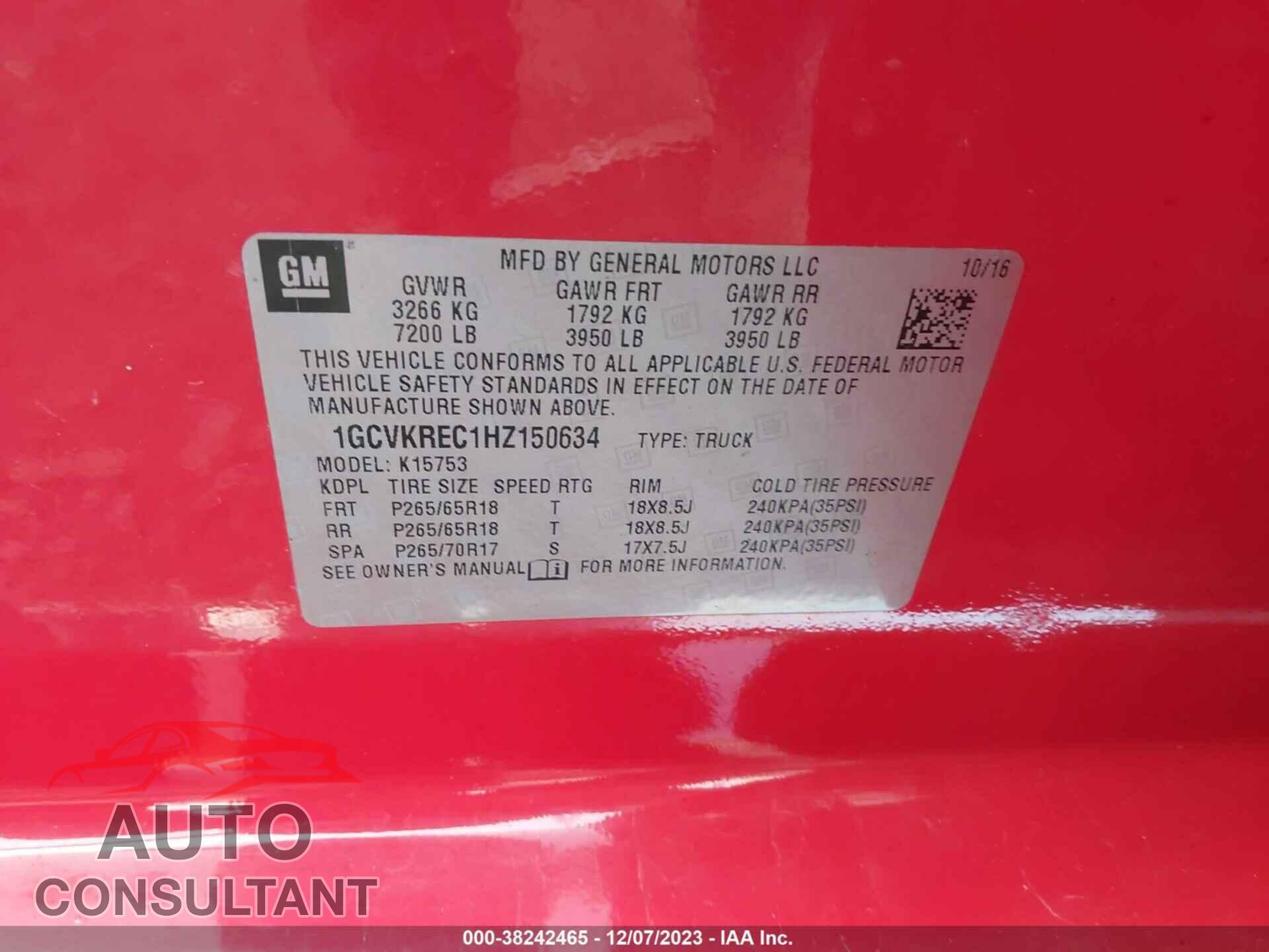 CHEVROLET SILVERADO 2017 - 1GCVKREC1HZ150634