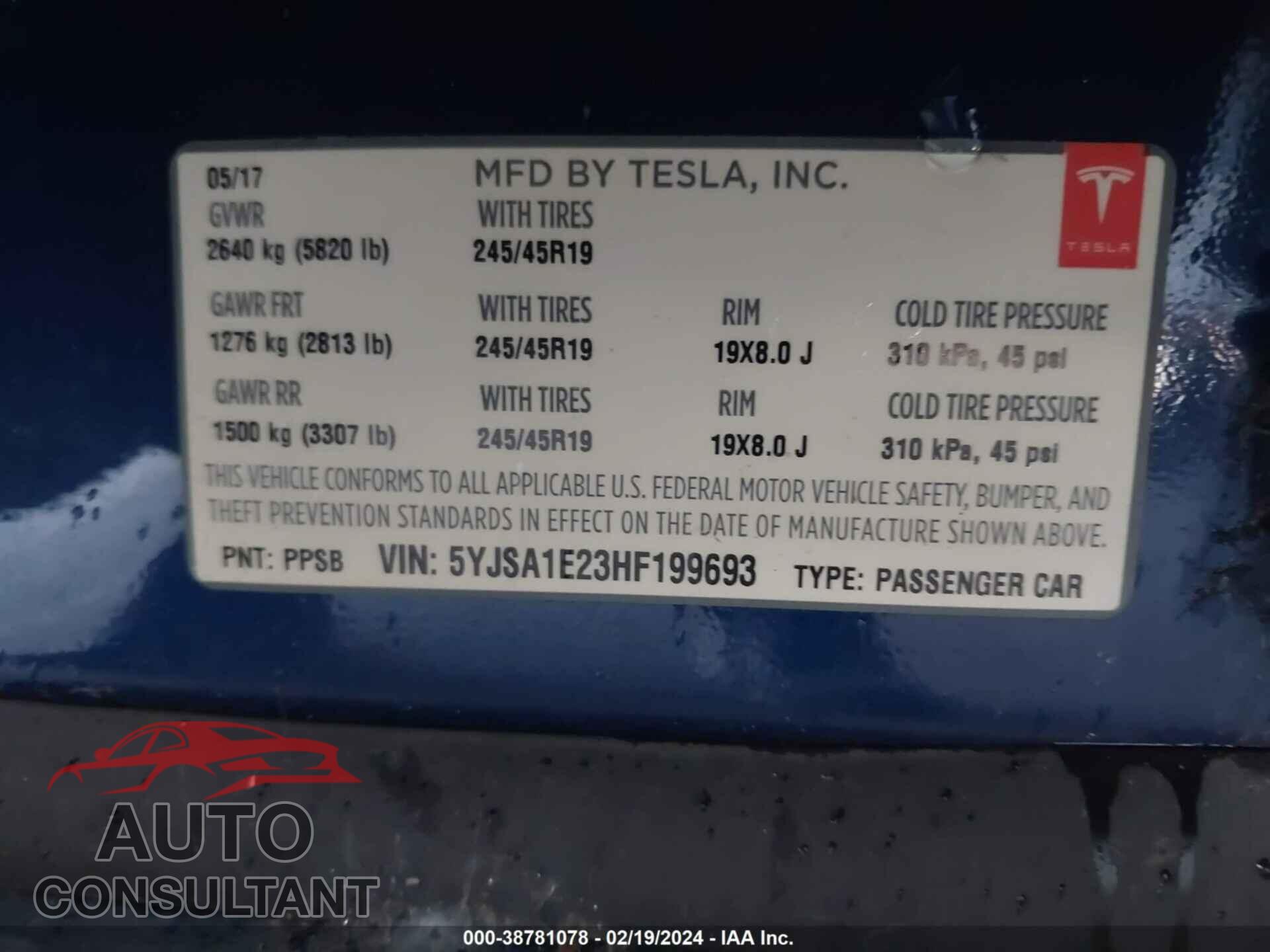 TESLA MODEL S 2017 - 5YJSA1E23HF199693