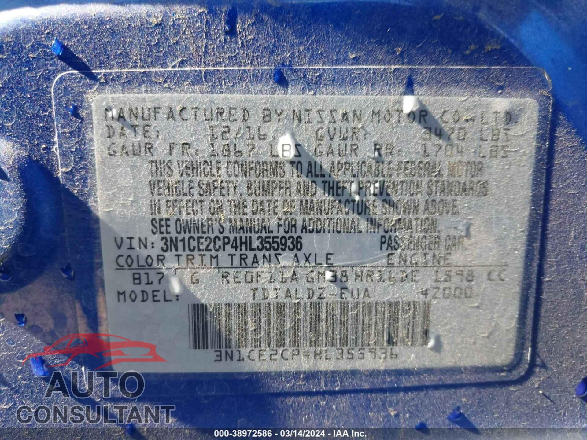 NISSAN VERSA NOTE 2017 - 3N1CE2CP4HL355936