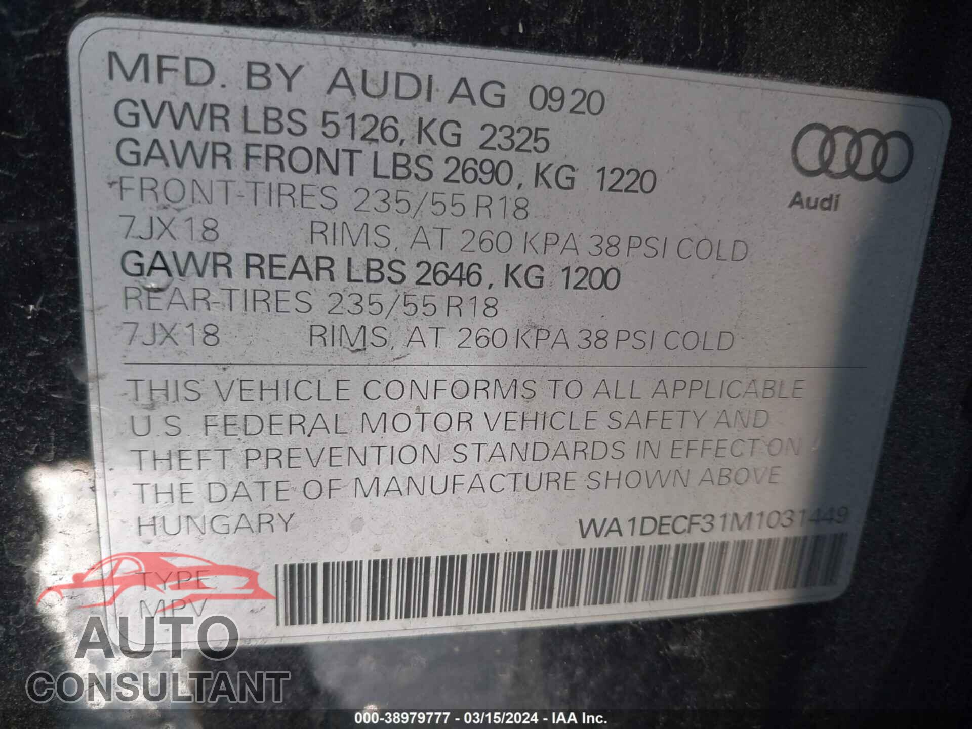 AUDI Q3 2021 - WA1DECF31M1031449