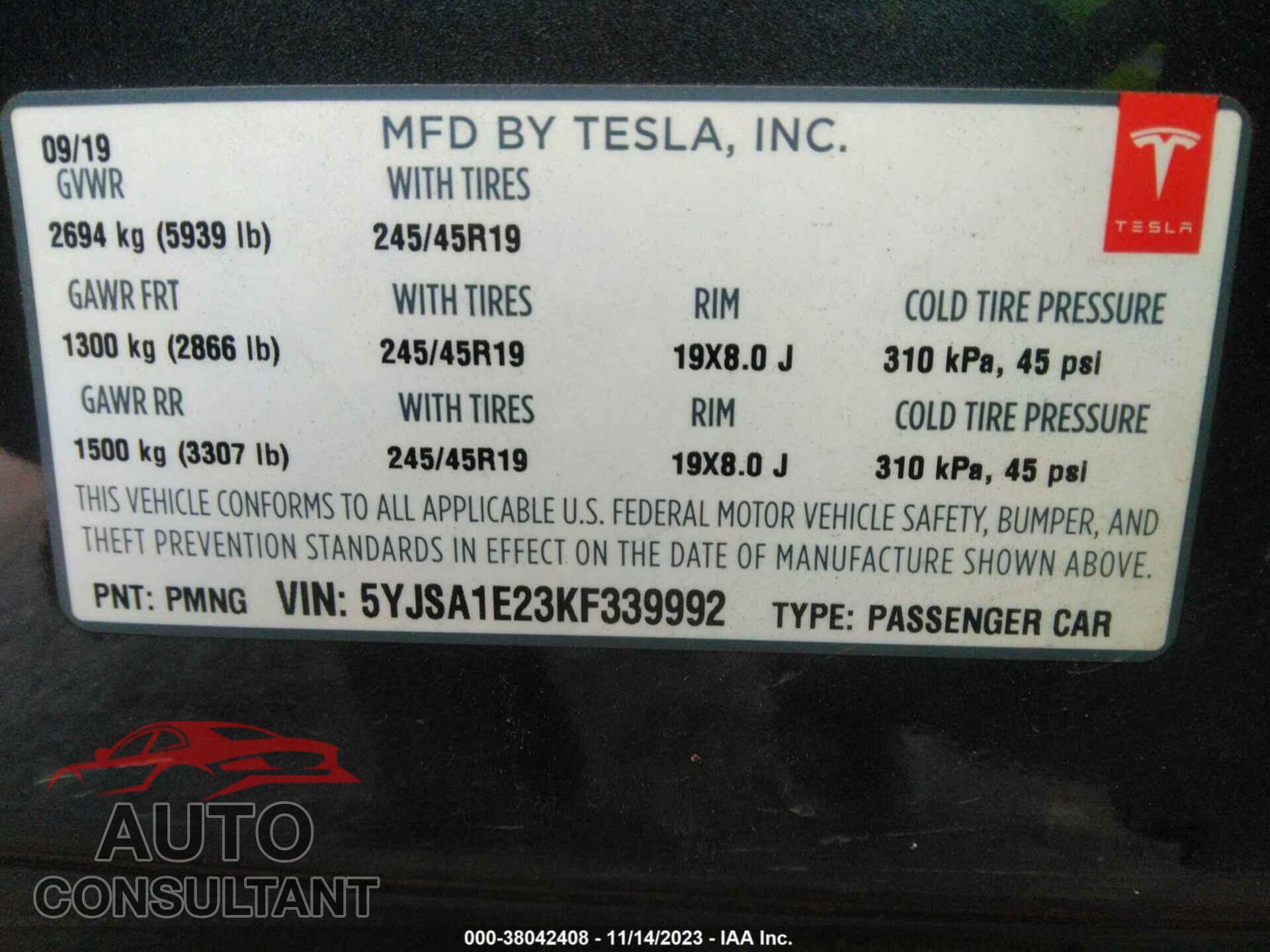 TESLA MODEL S 2019 - 5YJSA1E23KF339992
