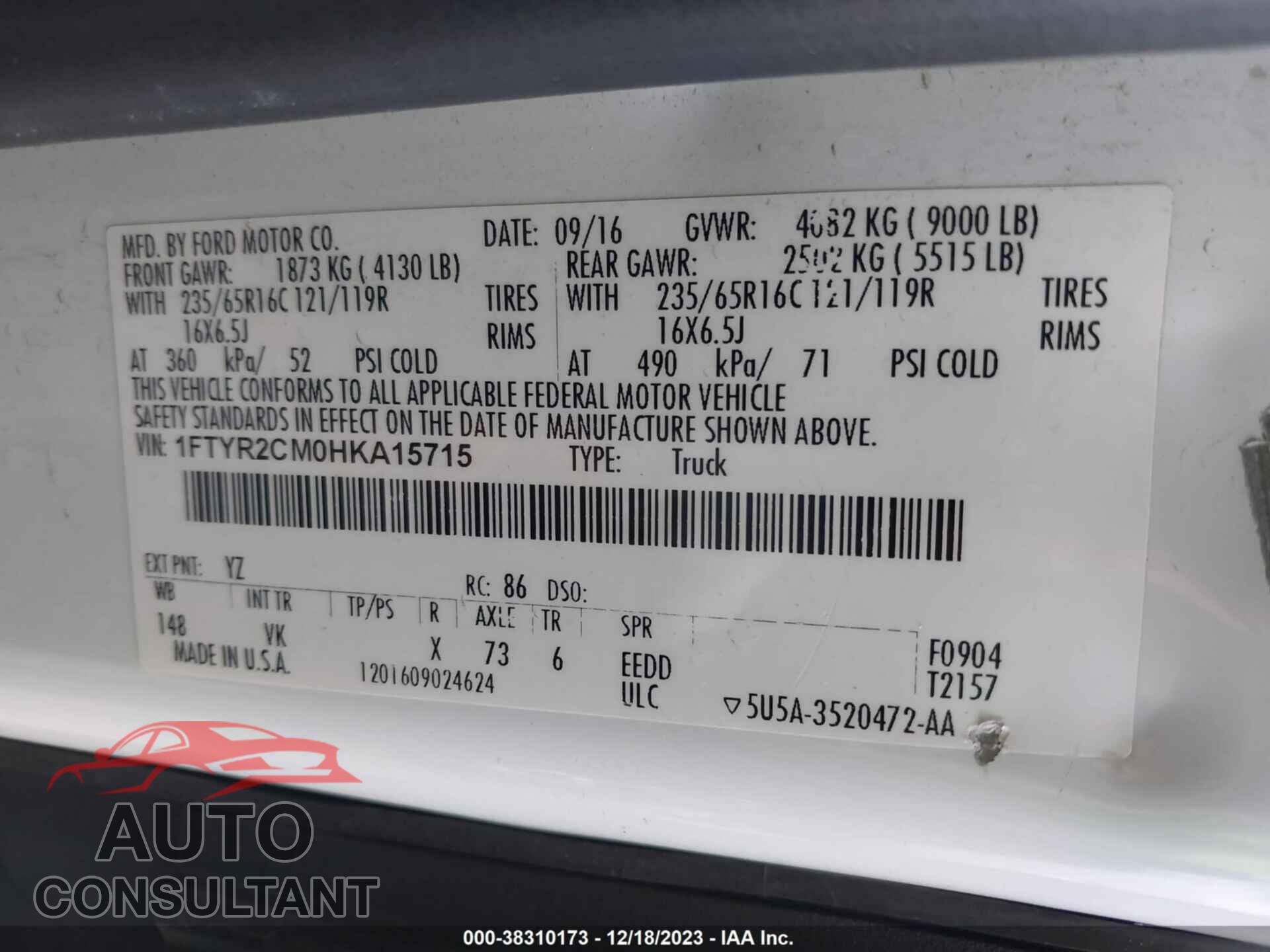 FORD TRANSIT-250 2017 - 1FTYR2CM0HKA15715