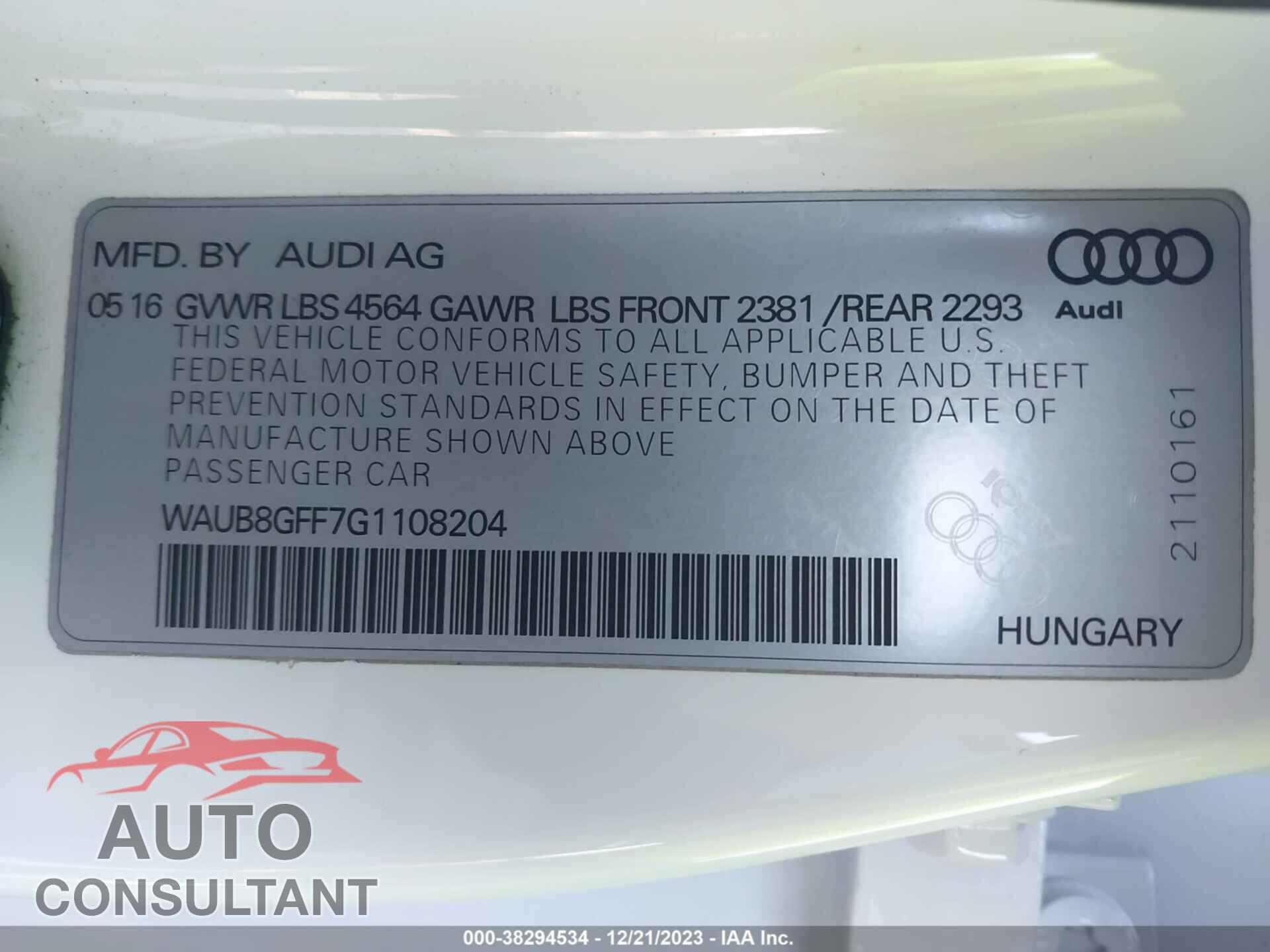 AUDI A3 2016 - WAUB8GFF7G1108204