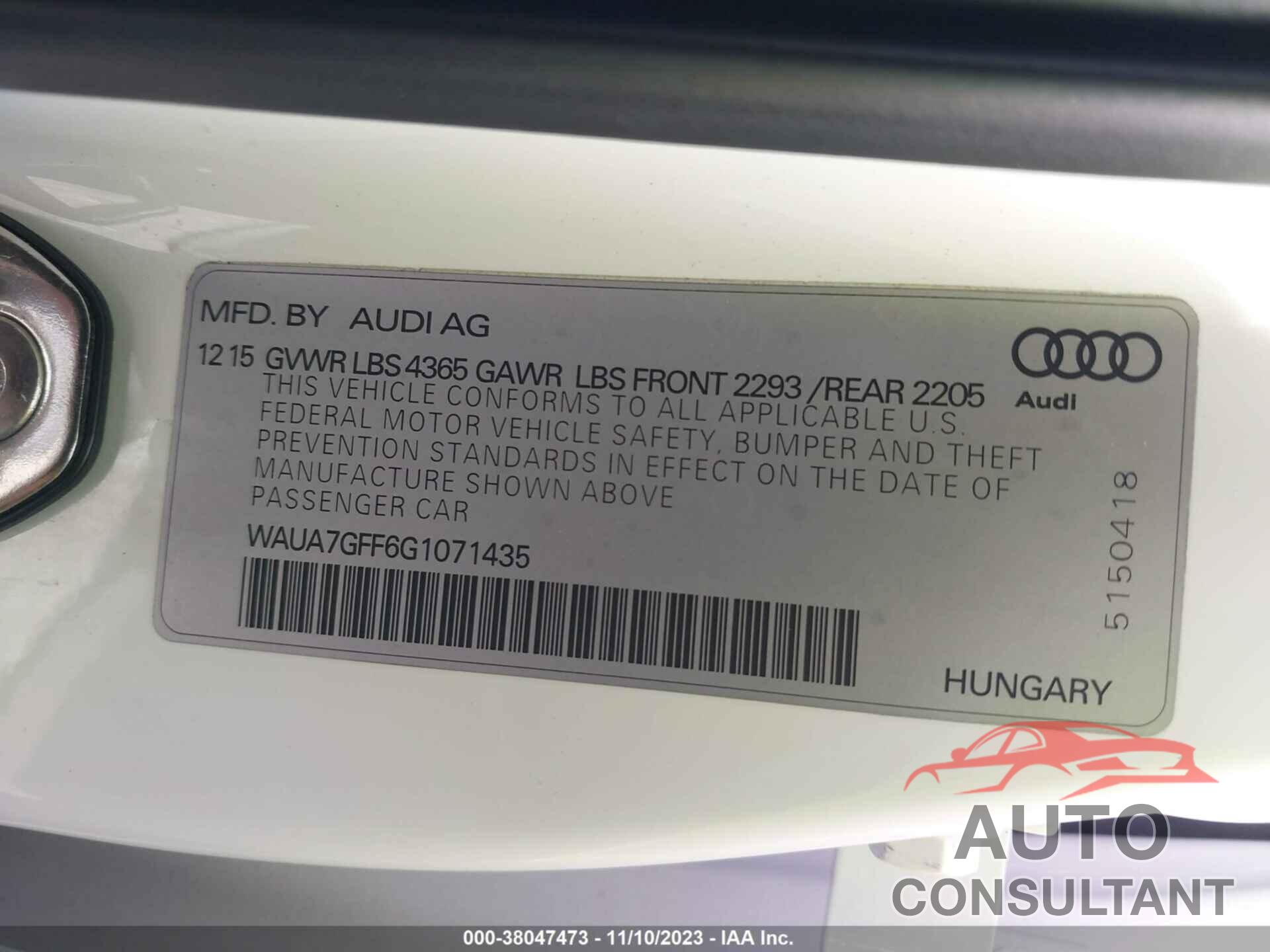 AUDI A3 2016 - WAUA7GFF6G1071435