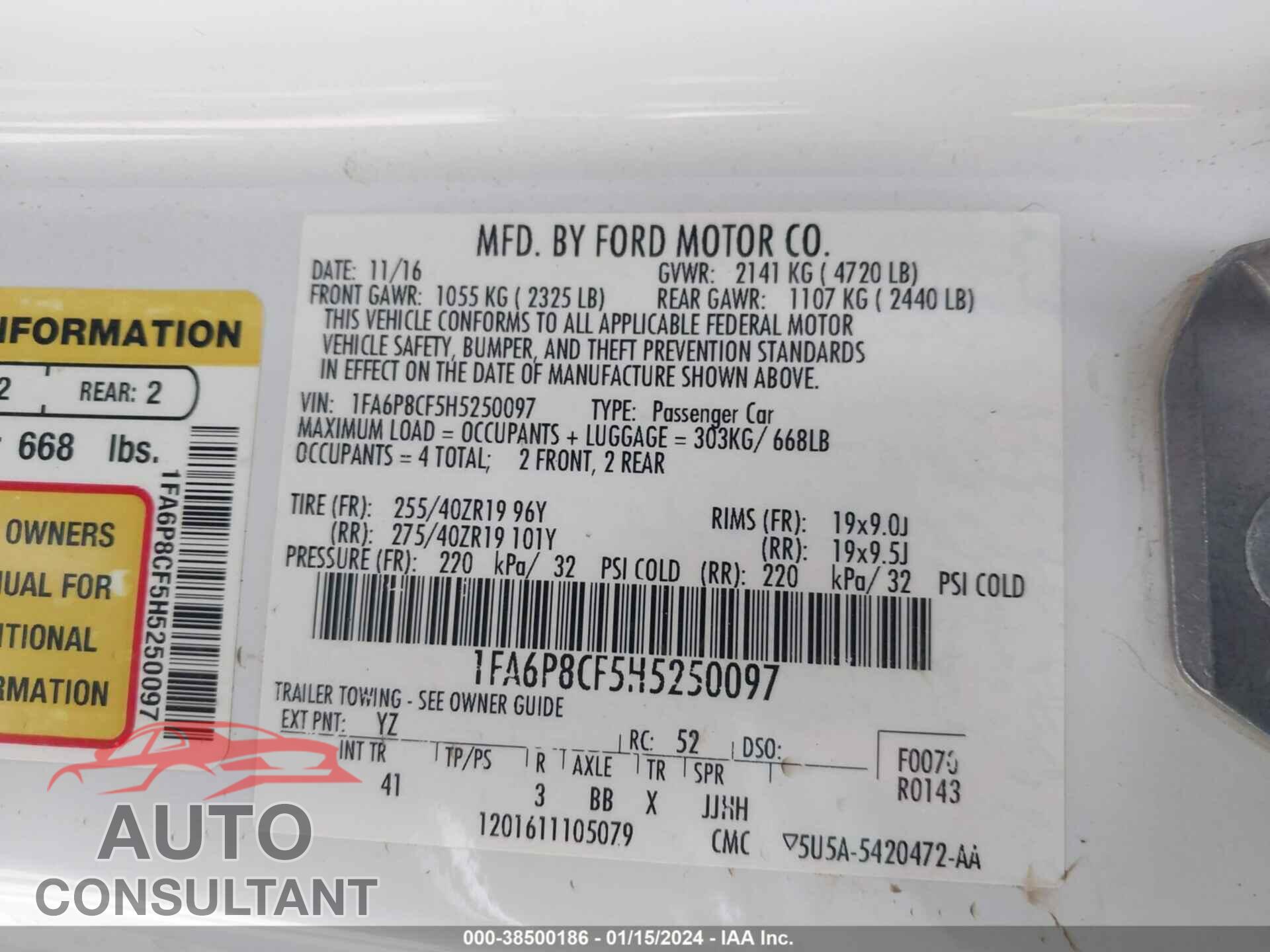 FORD MUSTANG 2017 - 1FA6P8CF5H5250097