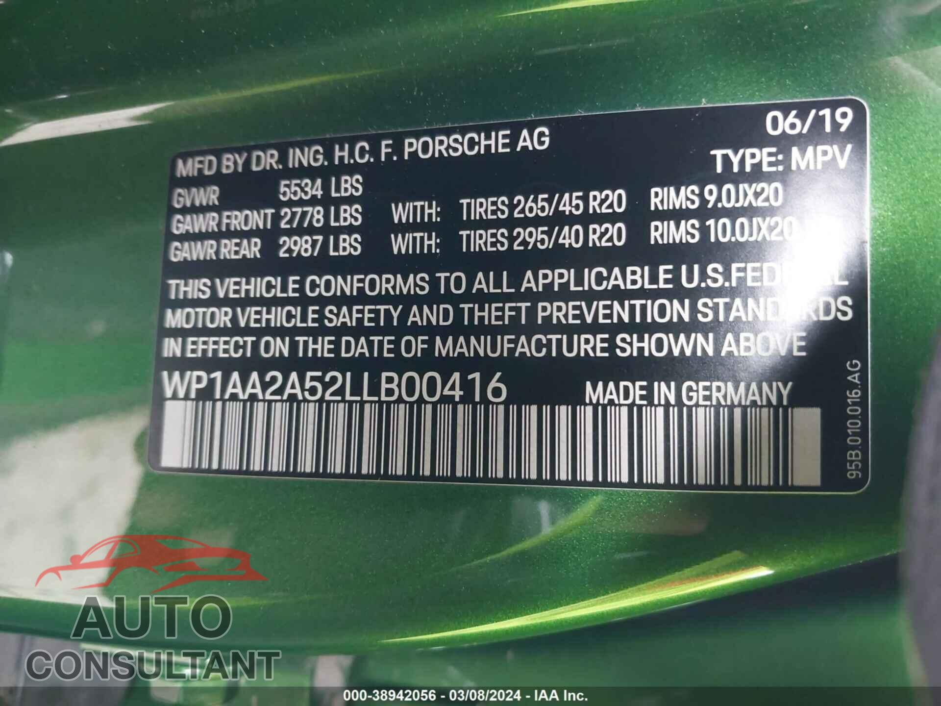 PORSCHE MACAN 2020 - WP1AA2A52LLB00416