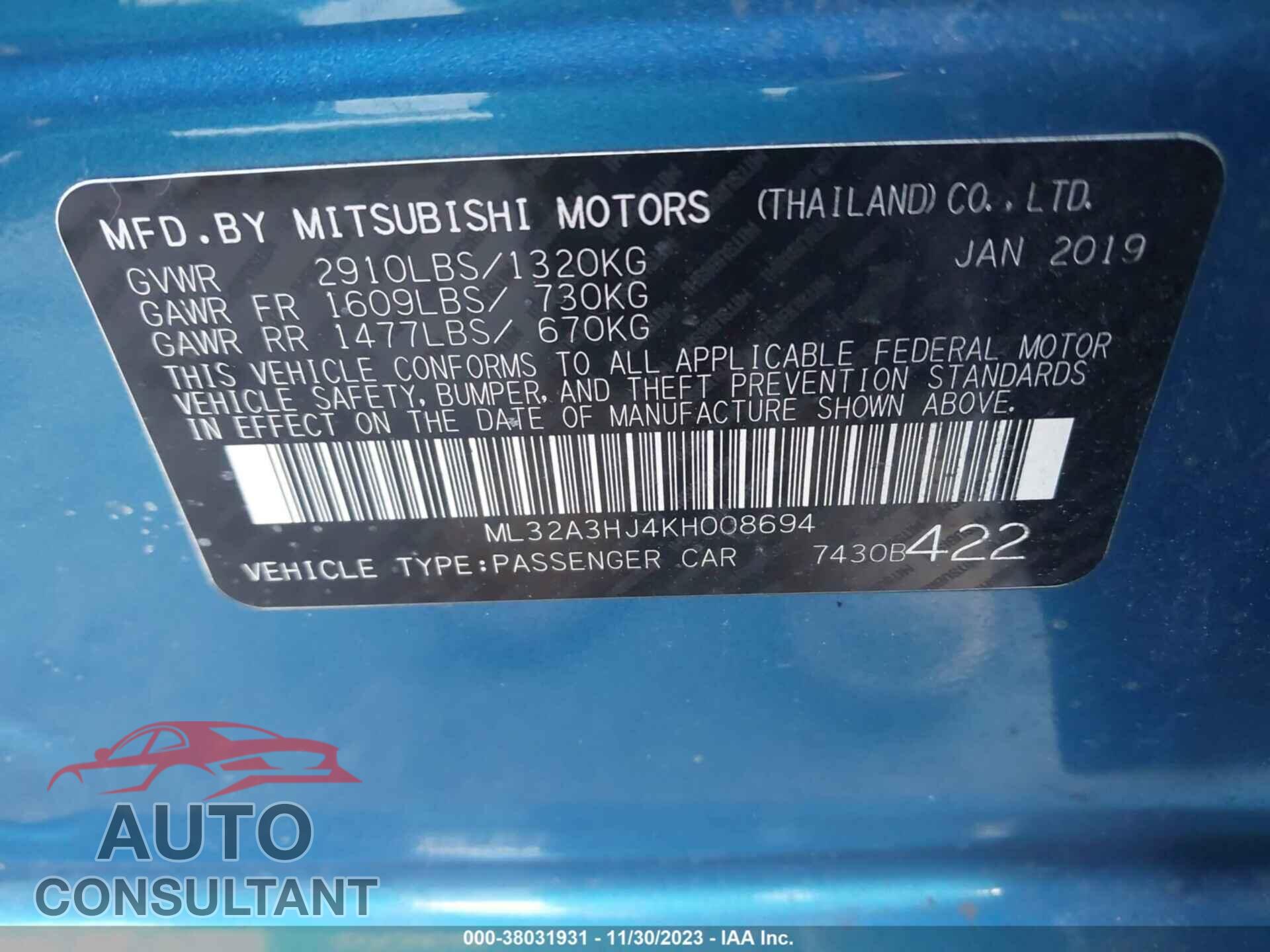 MITSUBISHI MIRAGE 2019 - ML32A3HJ4KH008694