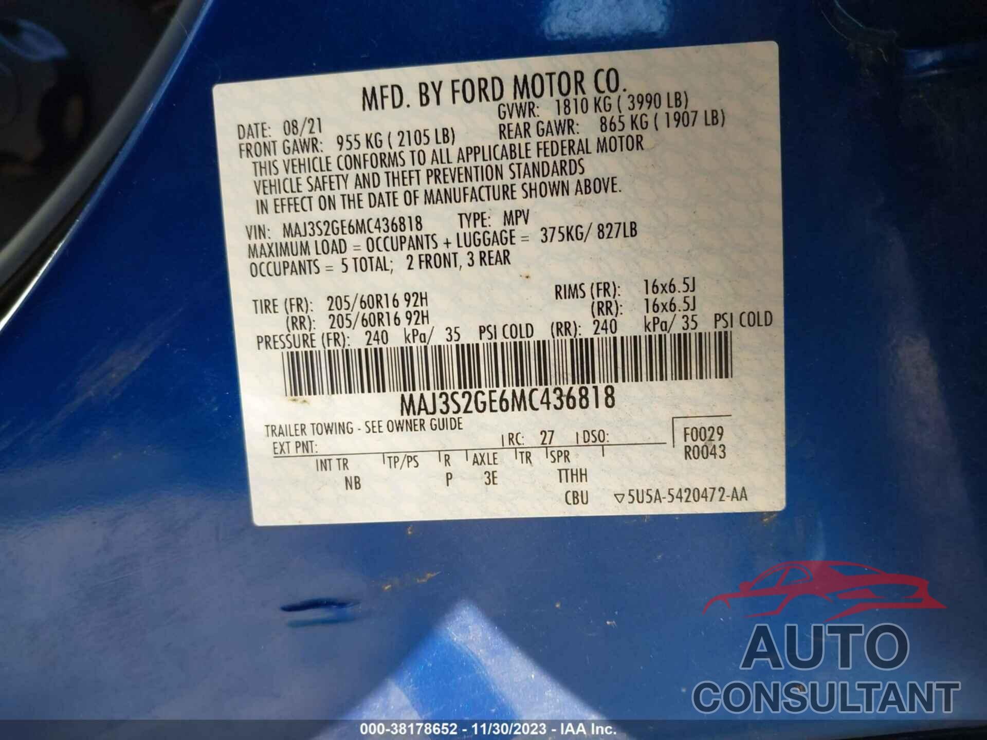 FORD ECOSPORT 2021 - MAJ3S2GE6MC436818