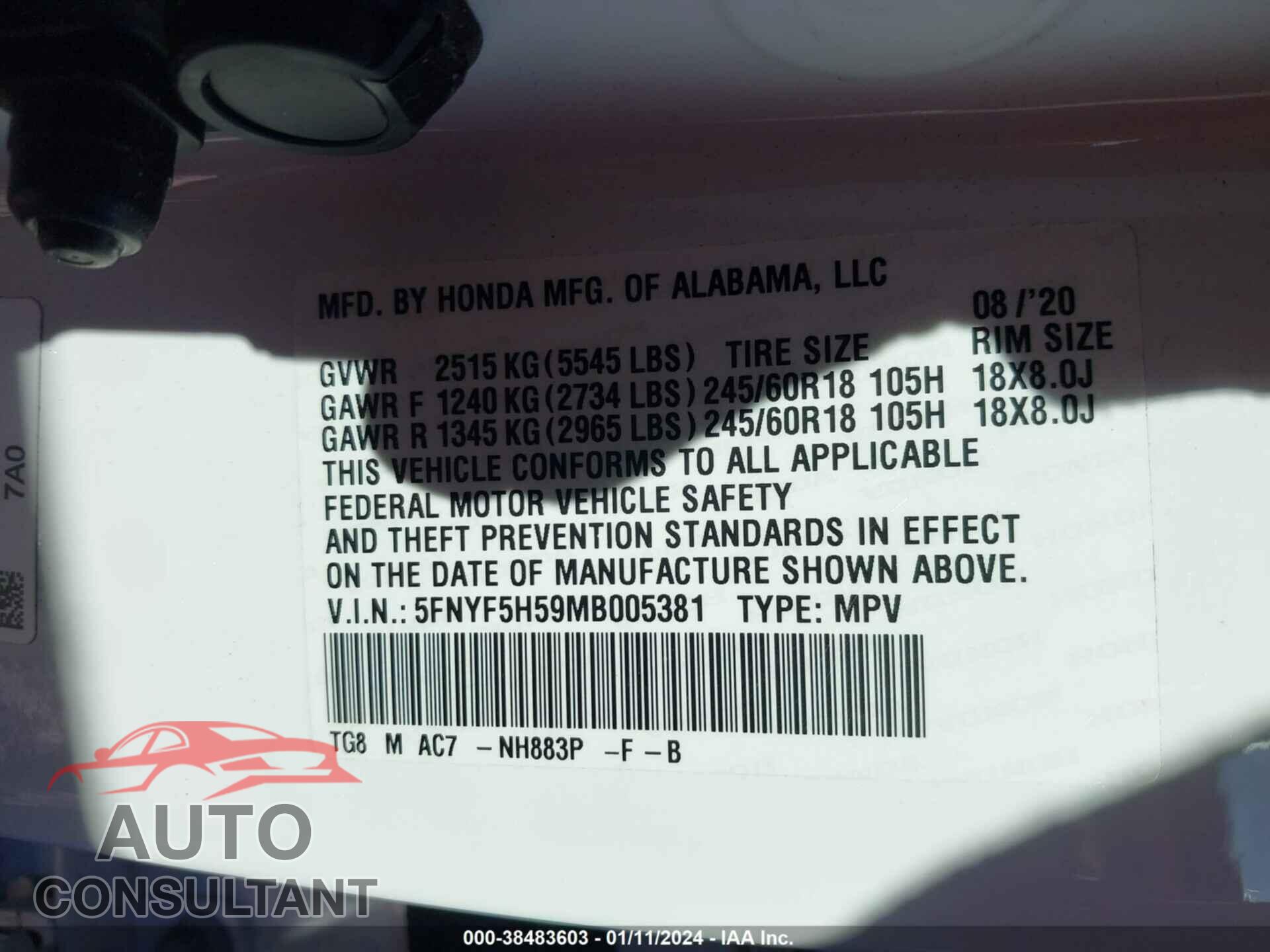 HONDA PILOT 2021 - 5FNYF5H59MB005381