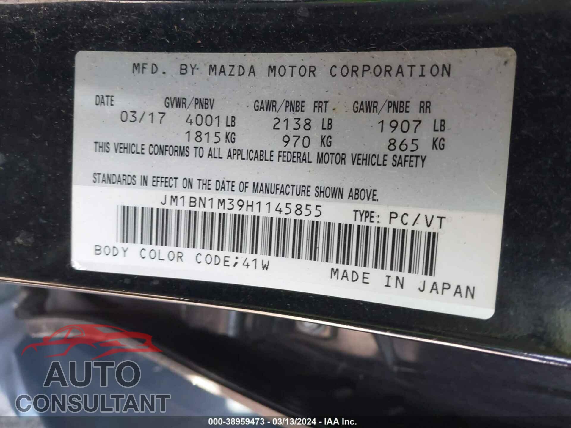 MAZDA 3 2017 - JM1BN1M39H1145855