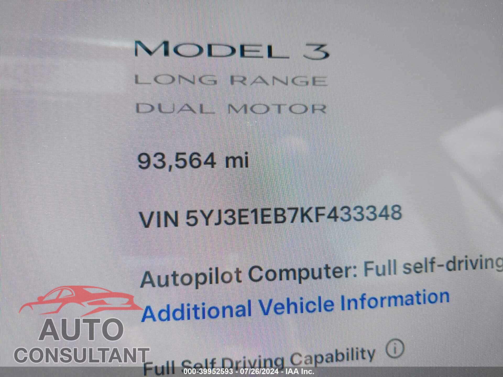TESLA MODEL 3 2019 - 5YJ3E1EB7KF433348