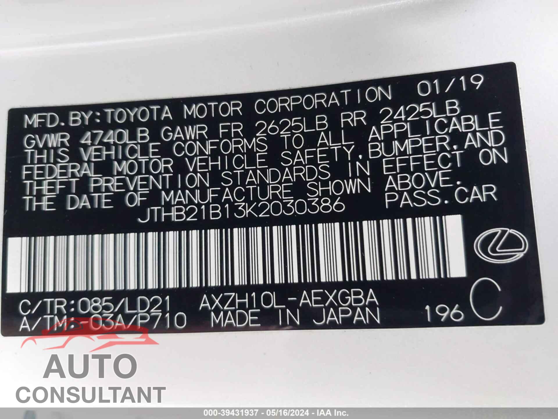 LEXUS ES 2019 - JTHB21B13K2030386