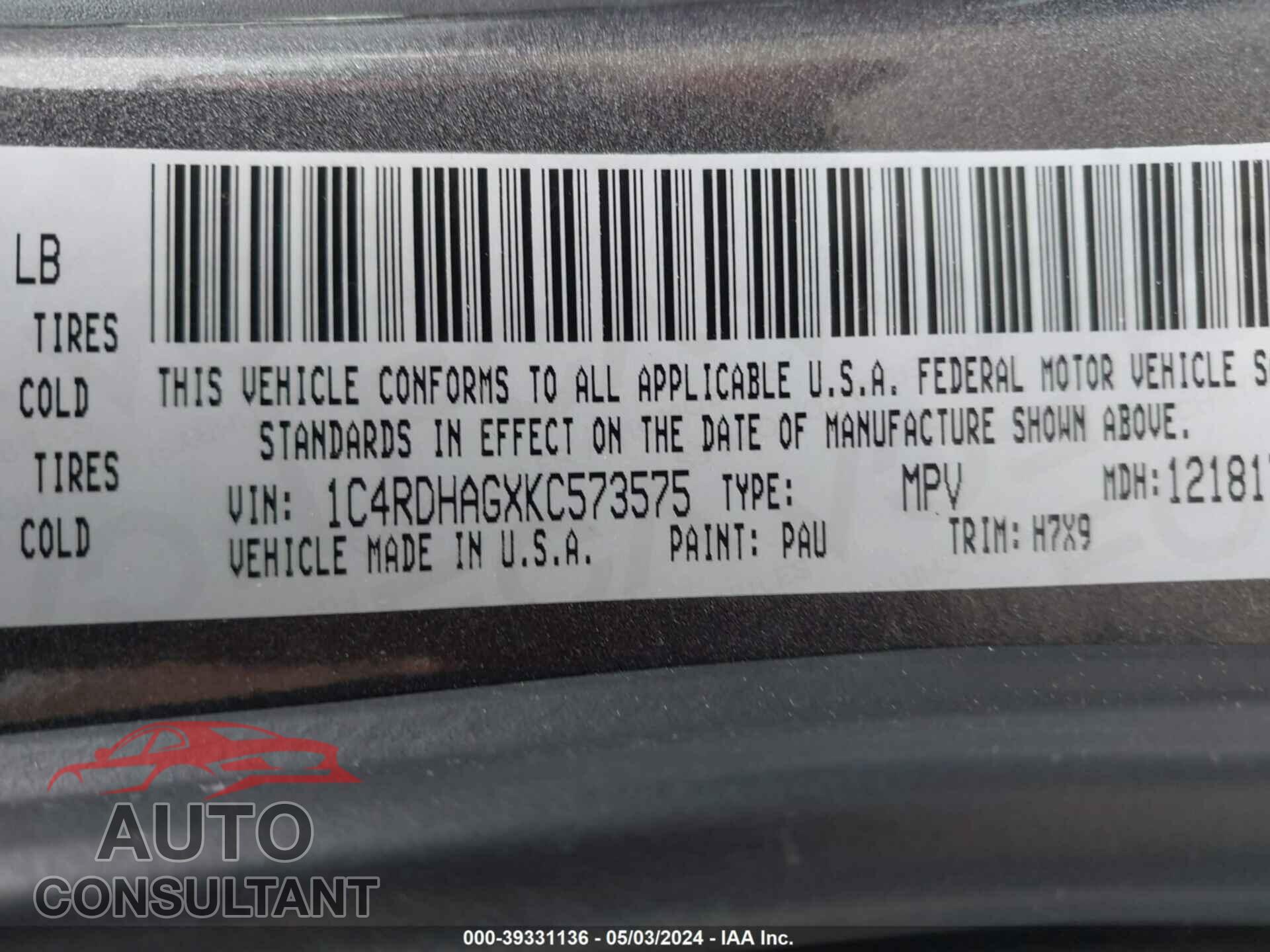 DODGE DURANGO 2019 - 1C4RDHAGXKC573575