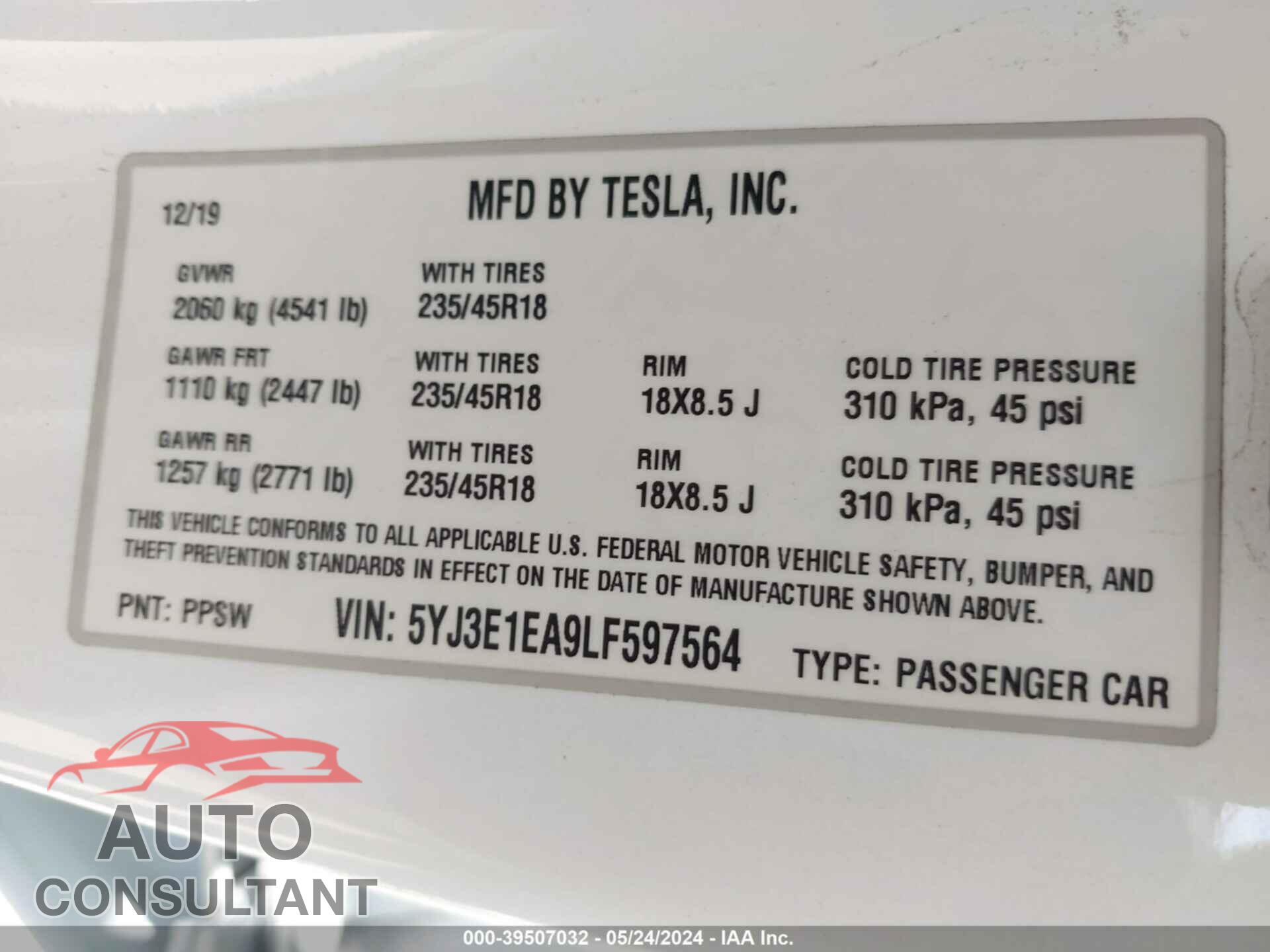 TESLA MODEL 3 2020 - 5YJ3E1EA9LF597564