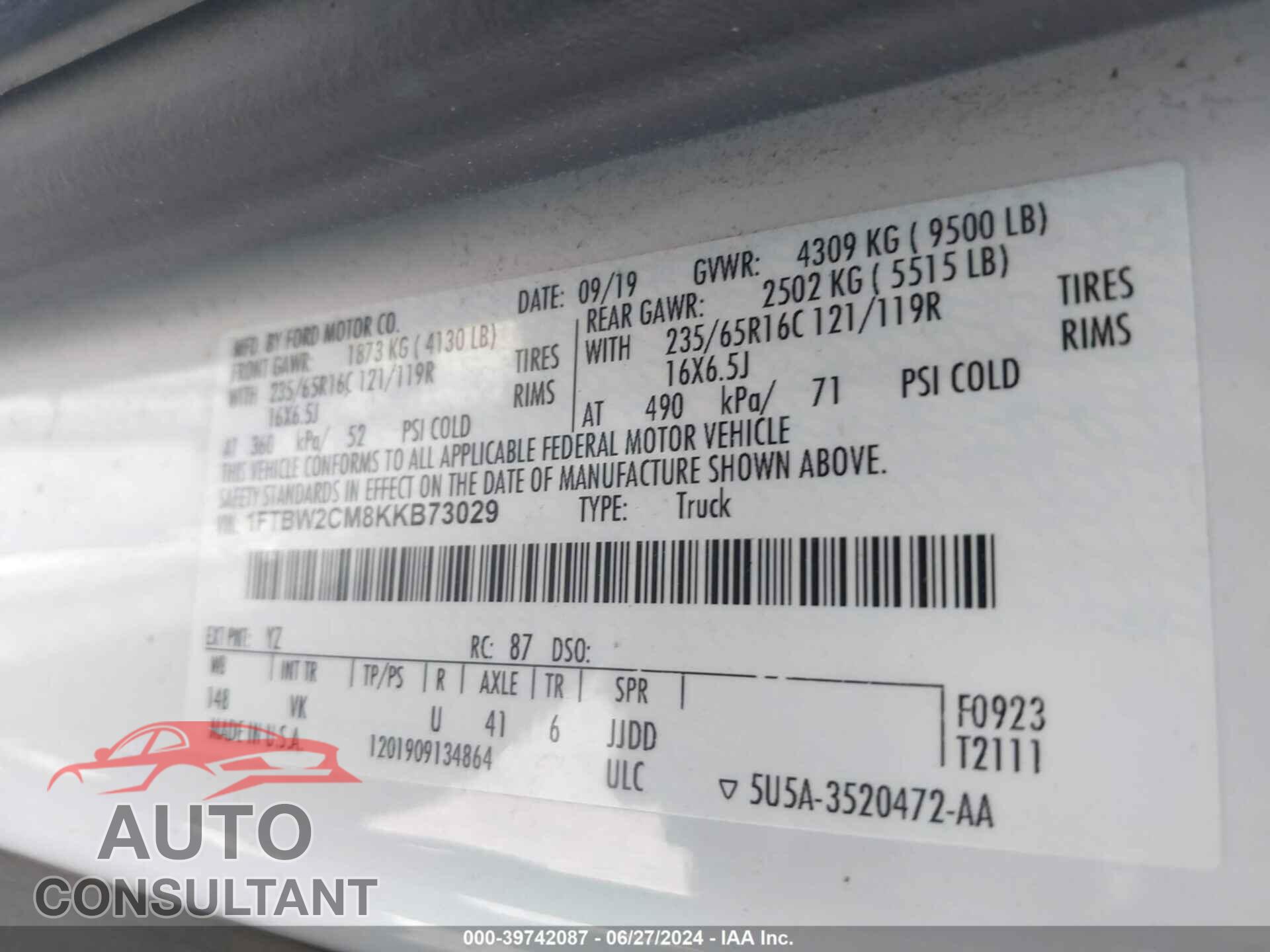 FORD TRANSIT-350 2019 - 1FTBW2CM8KKB73029