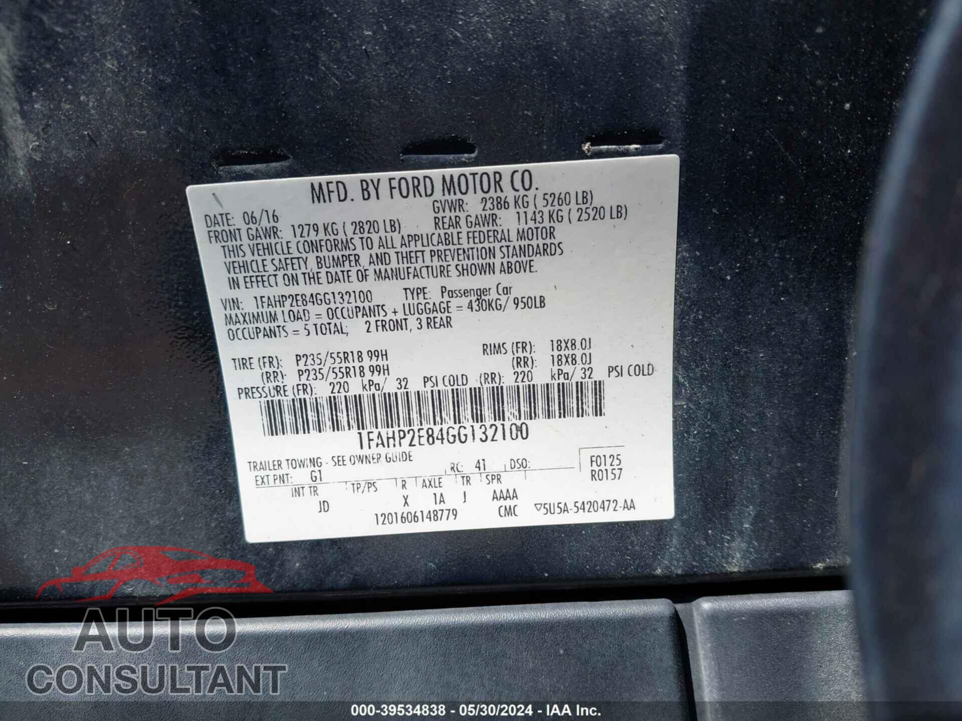 FORD TAURUS 2016 - 1FAHP2E84GG132100