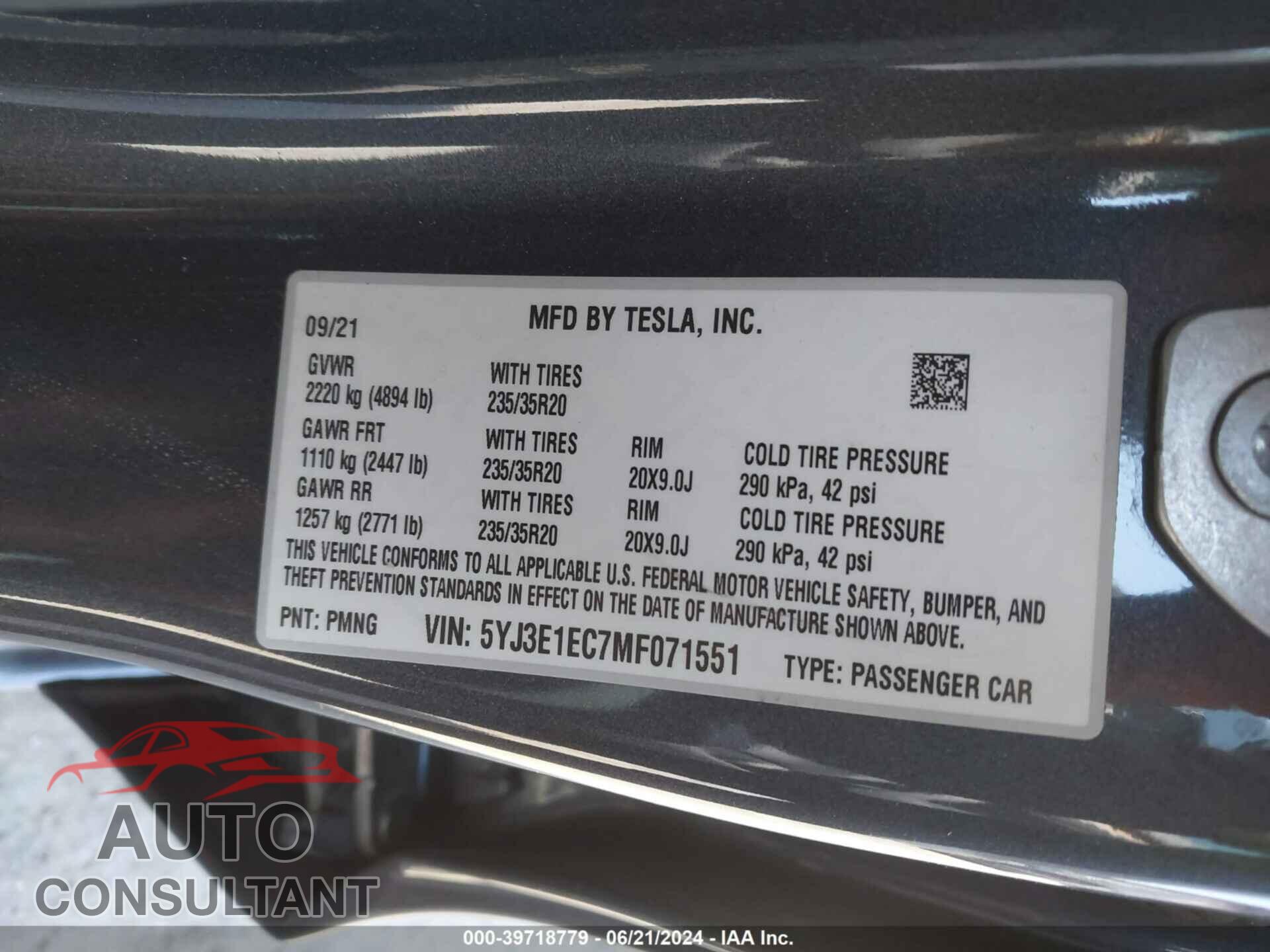 TESLA MODEL 3 2021 - 5YJ3E1EC7MF071551