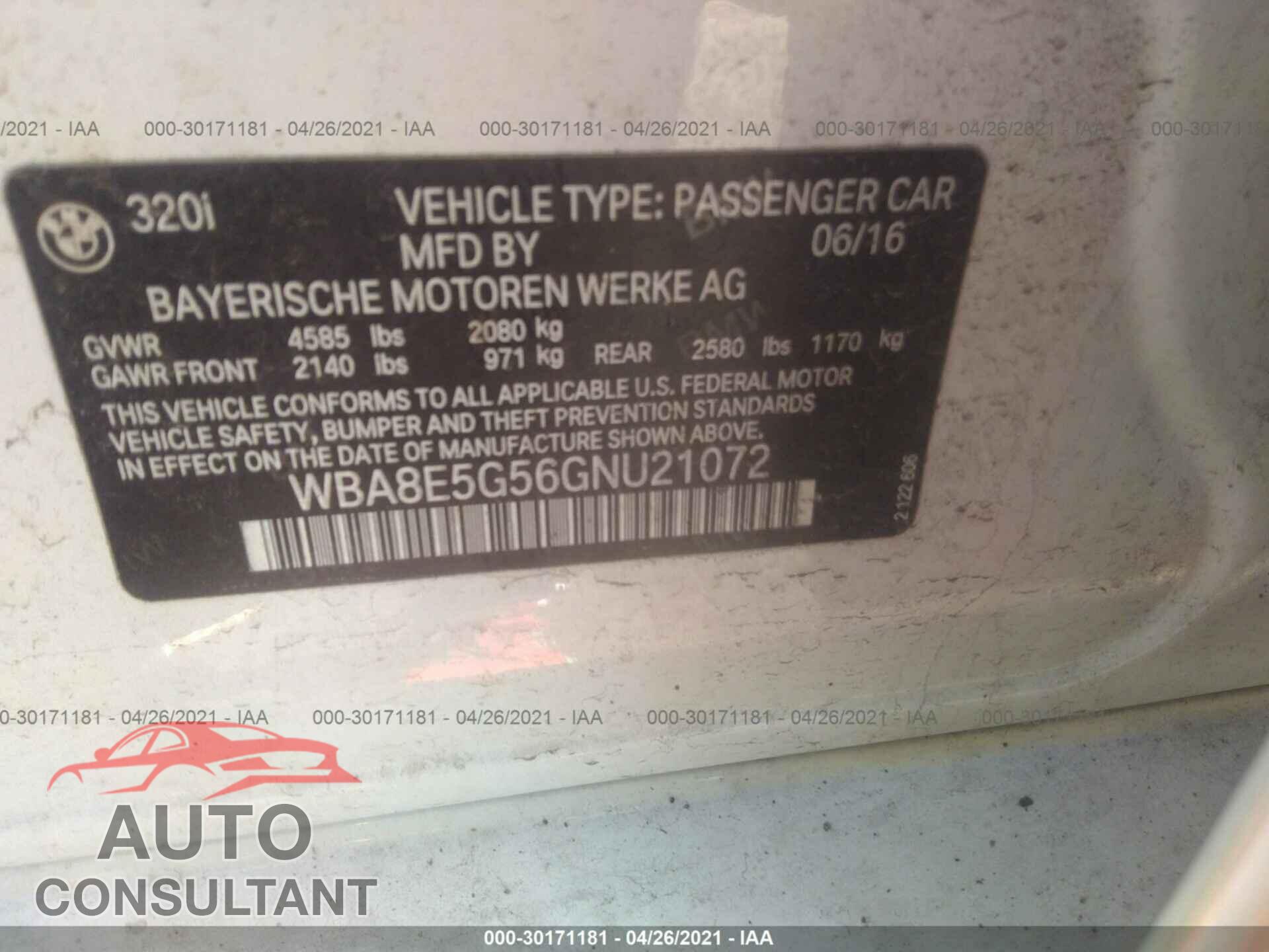 BMW 3 SERIES 2016 - WBA8E5G56GNU21072