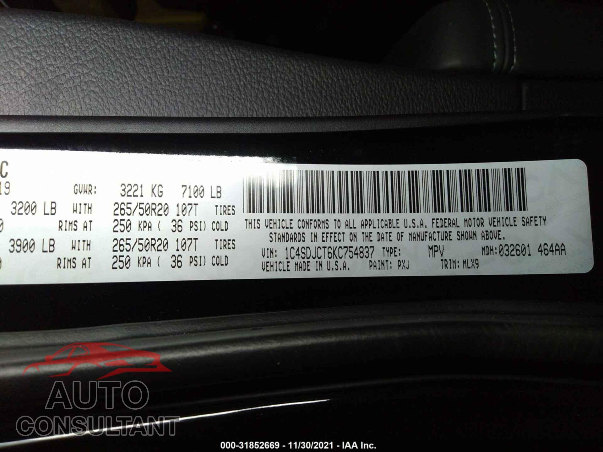 DODGE DURANGO 2019 - 1C4SDJCT6KC754837