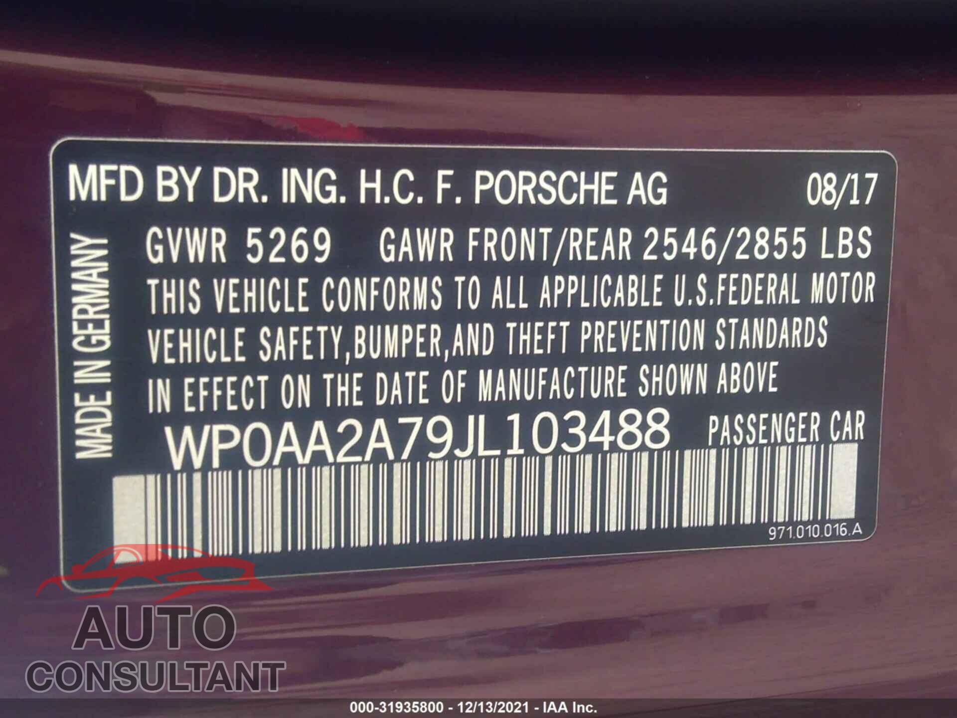 PORSCHE PANAMERA 2018 - WP0AA2A79JL103488