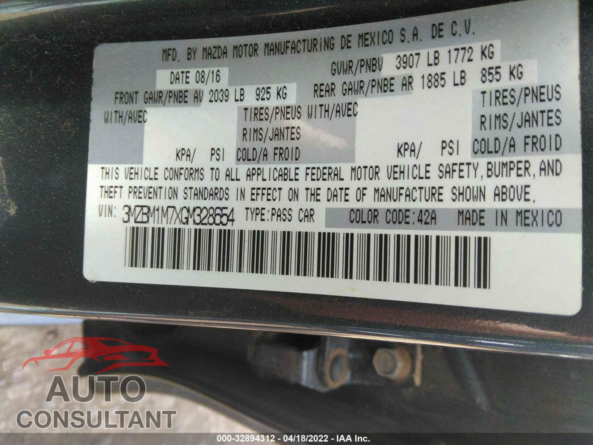 MAZDA MAZDA3 2016 - 3MZBM1M7XGM328654