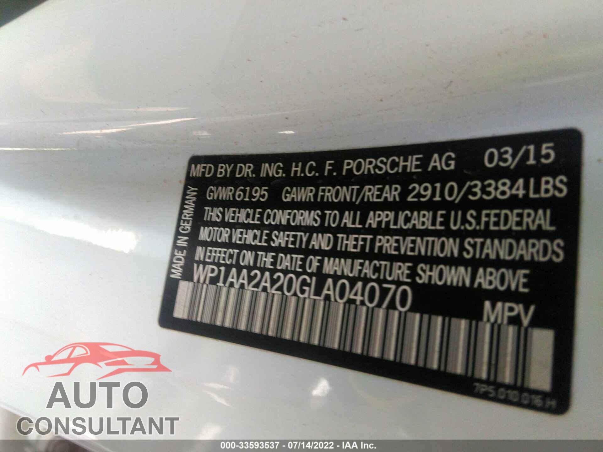 PORSCHE CAYENNE 2016 - WP1AA2A20GLA04070
