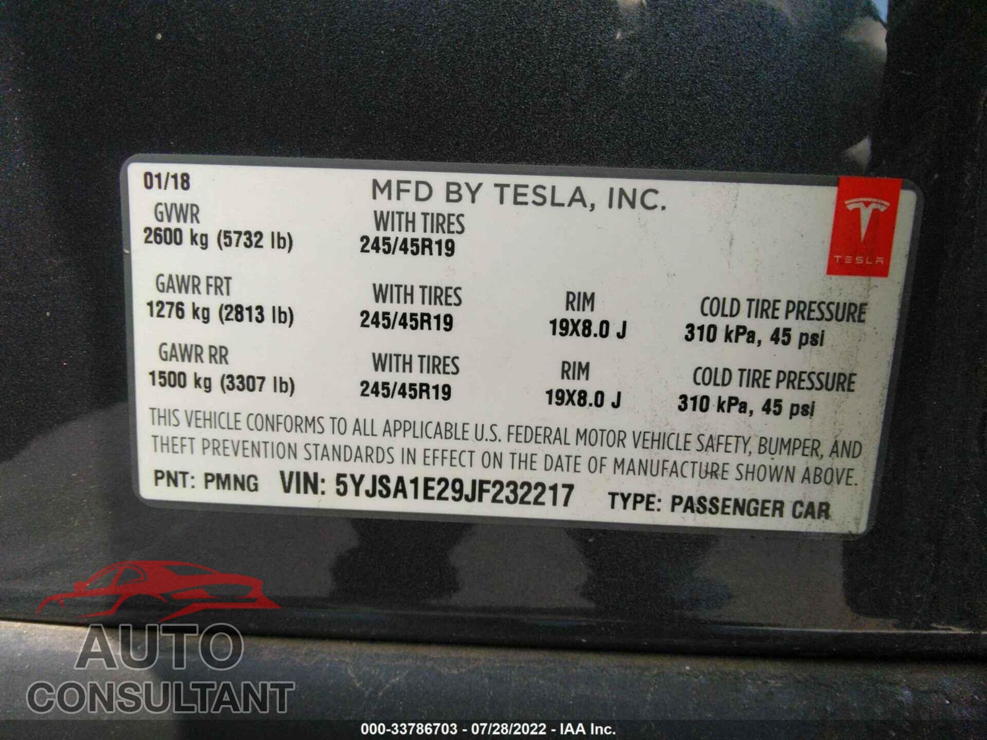 TESLA MODEL S 2018 - 5YJSA1E29JF232217