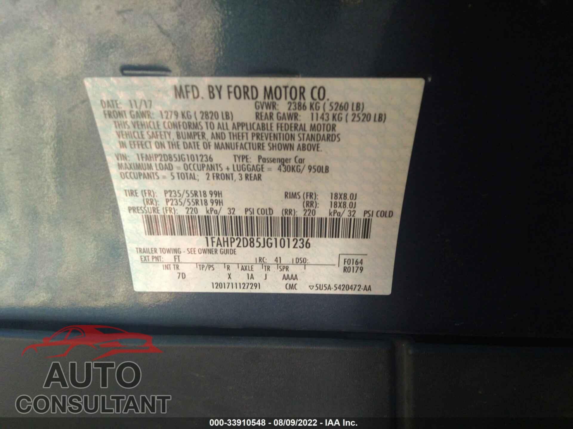 FORD TAURUS 2018 - 1FAHP2D85JG101236