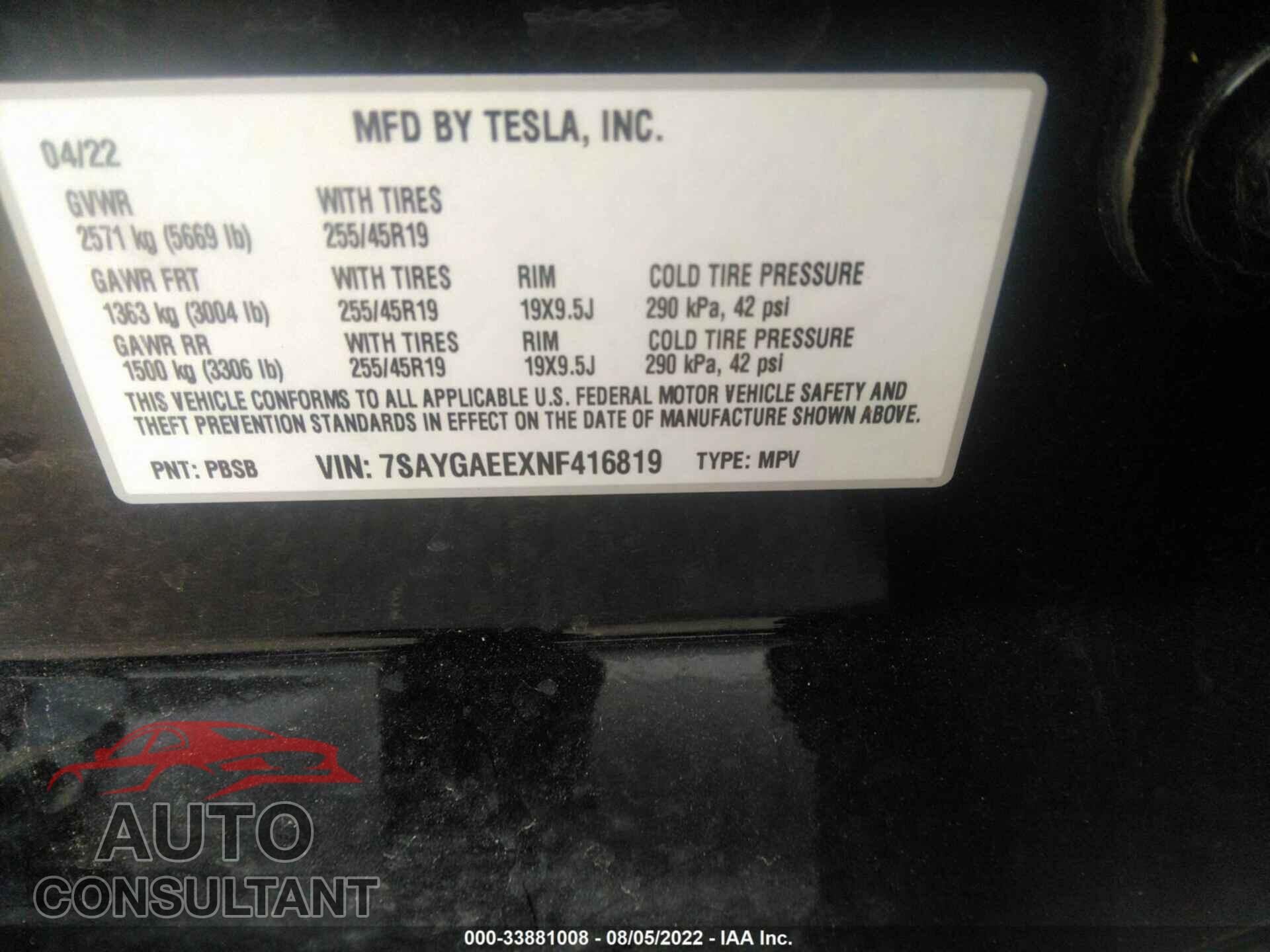 TESLA MODEL Y 2022 - 7SAYGAEEXNF416819