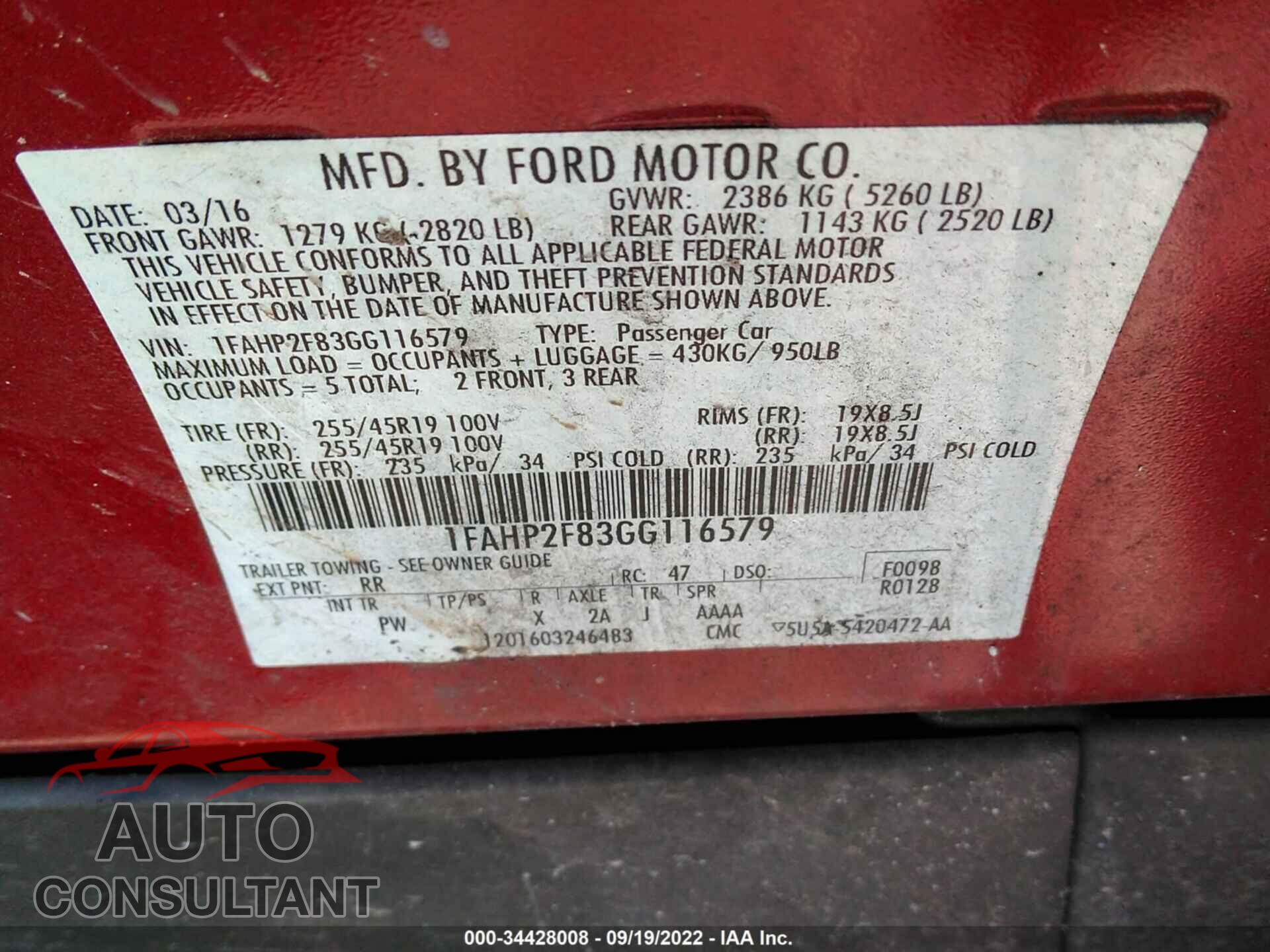 FORD TAURUS 2016 - 1FAHP2F83GG116579