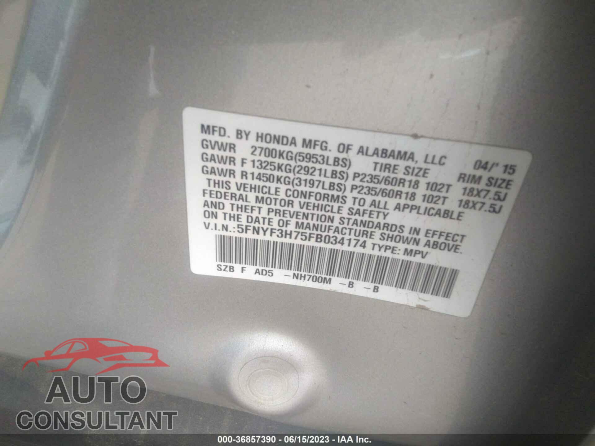 HONDA PILOT 2015 - 5FNYF3H75FB034174