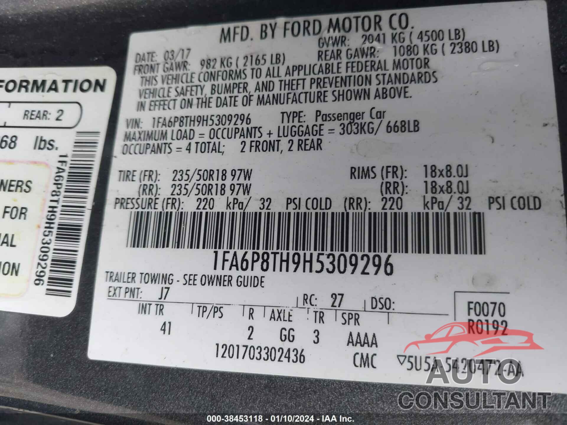 FORD MUSTANG 2017 - 1FA6P8TH9H5309296