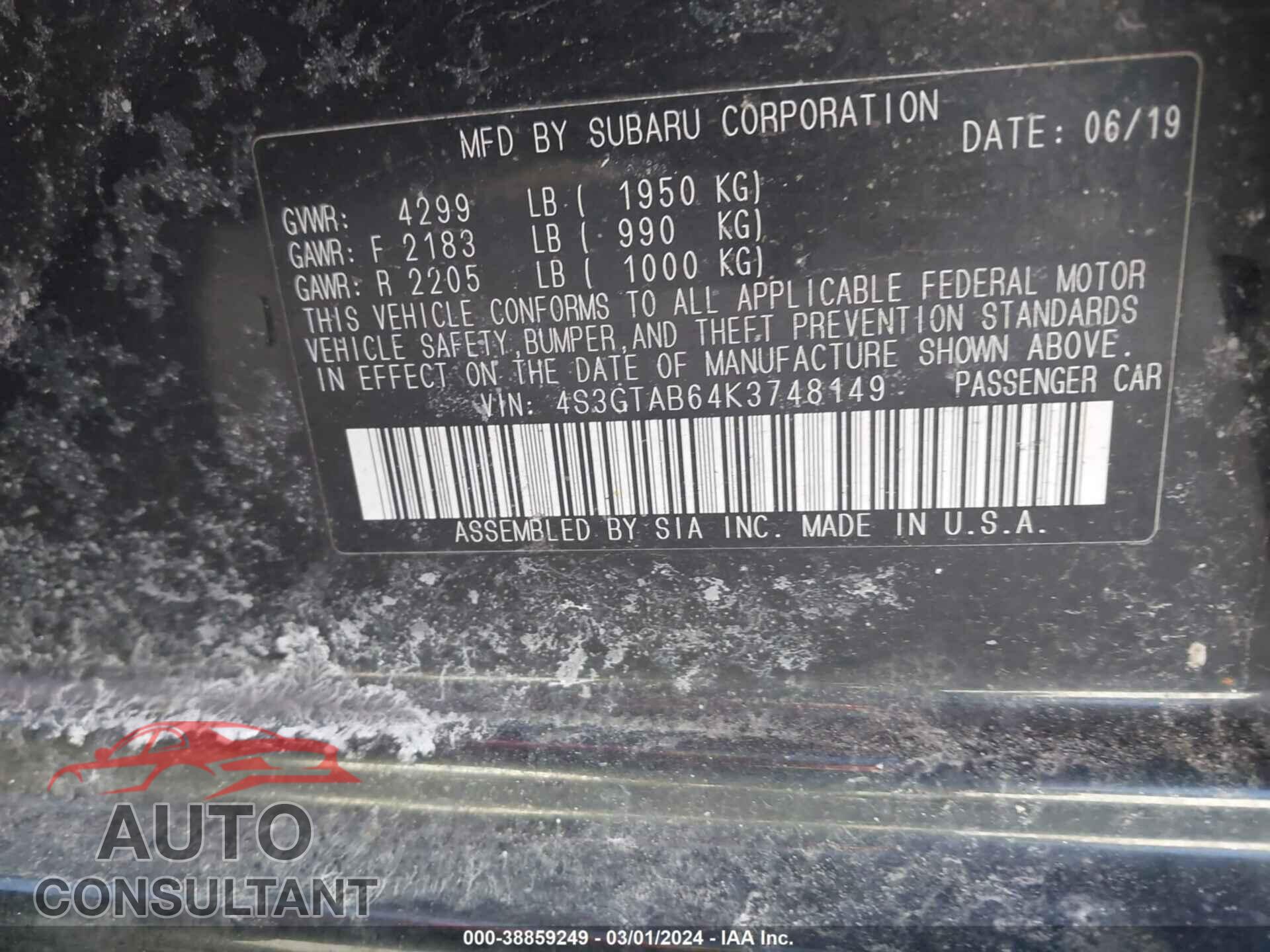SUBARU IMPREZA 2019 - 4S3GTAB64K3748149