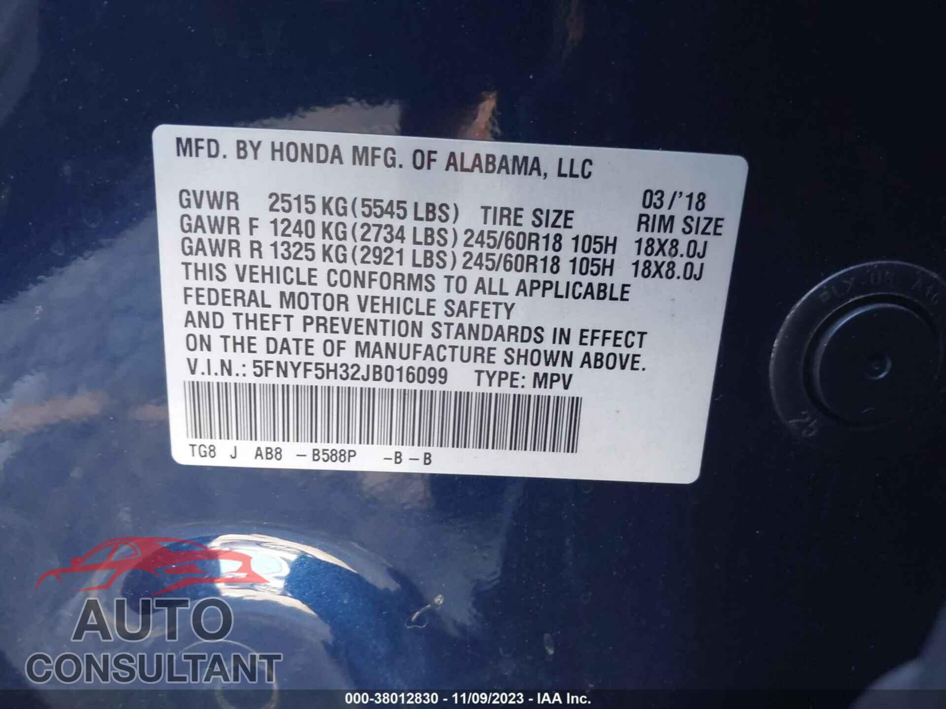 HONDA PILOT 2018 - 5FNYF5H32JB016099