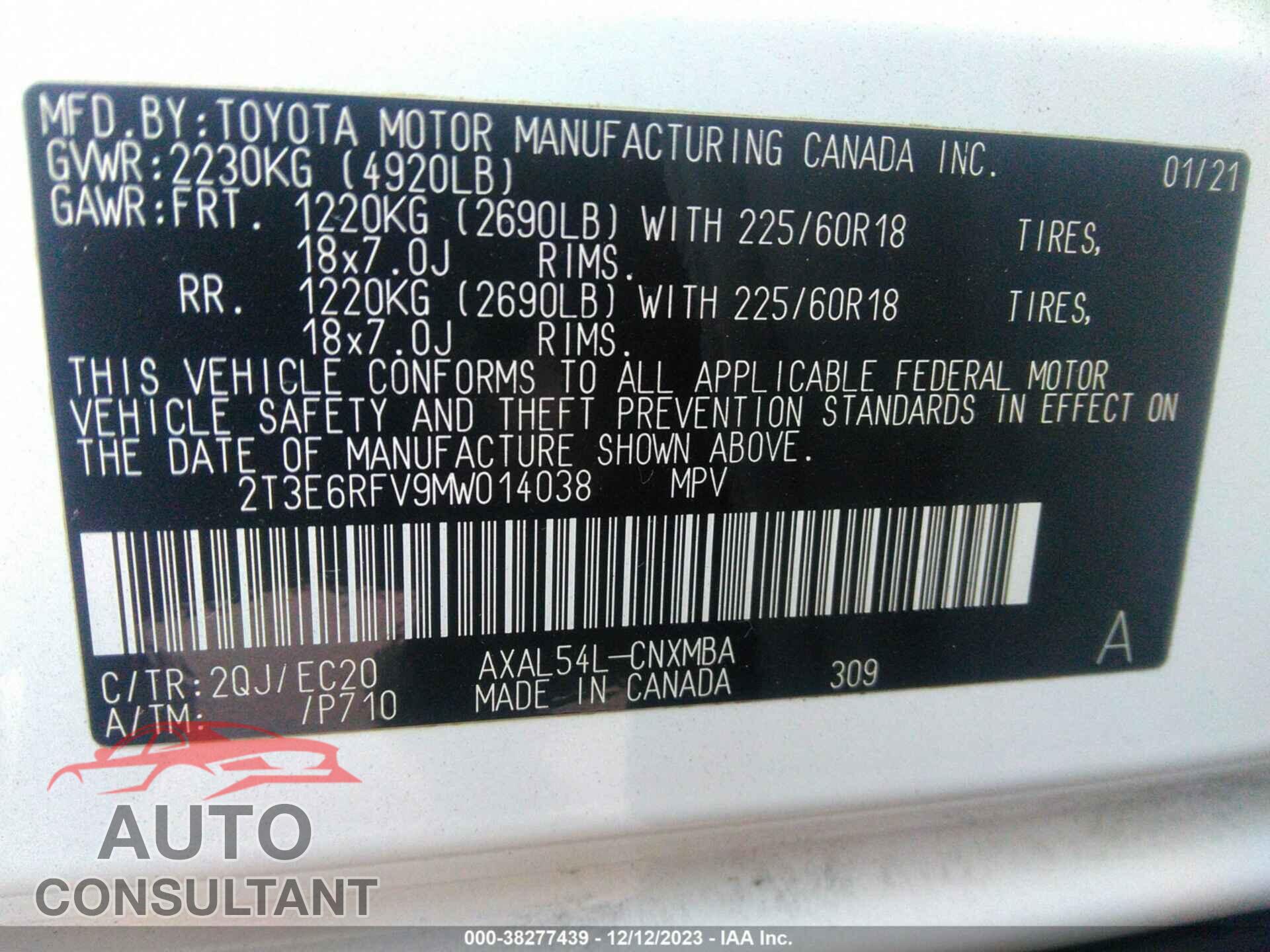 TOYOTA RAV4 2021 - 2T3E6RFV9MW014038
