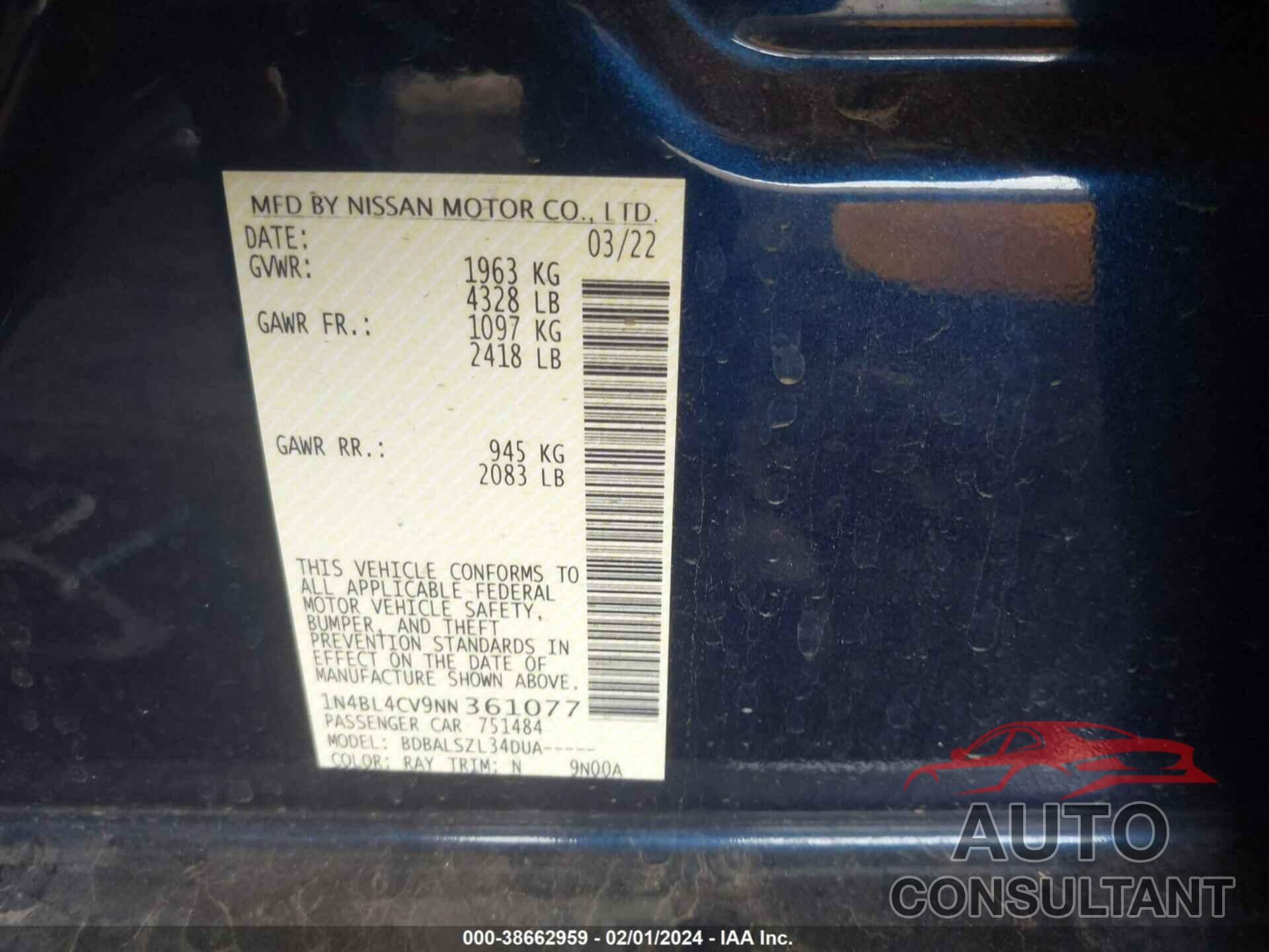 NISSAN ALTIMA 2022 - 1N4BL4CV9NN361077