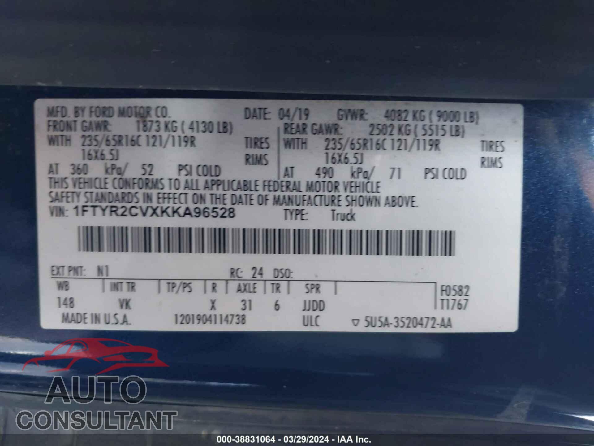 FORD TRANSIT 2019 - 1FTYR2CVXKKA96528