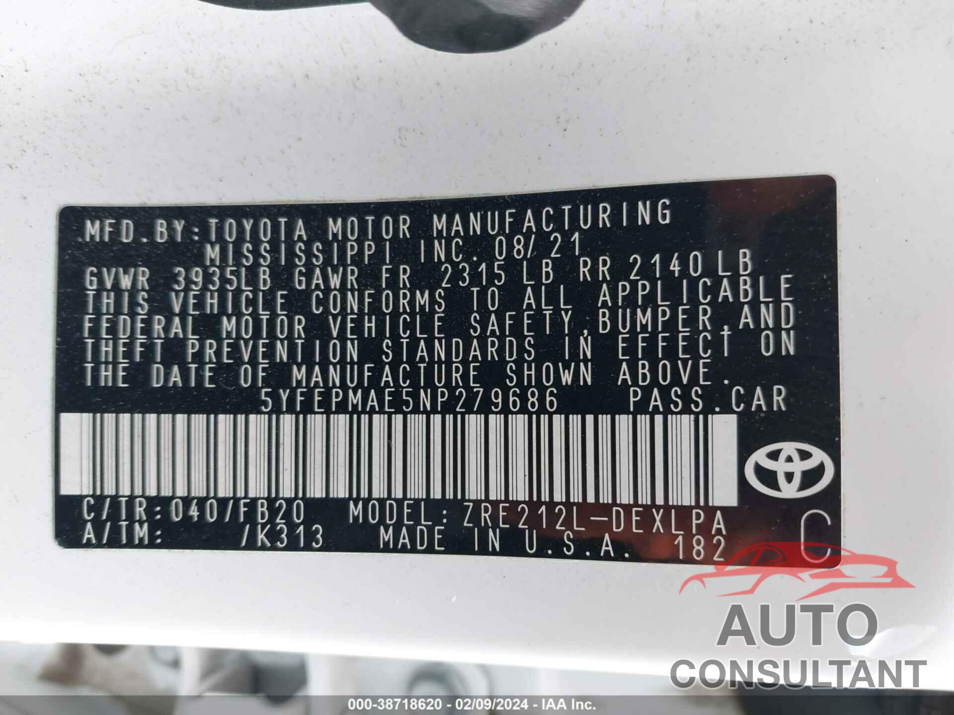 TOYOTA COROLLA 2022 - 5YFEPMAE5NP279686