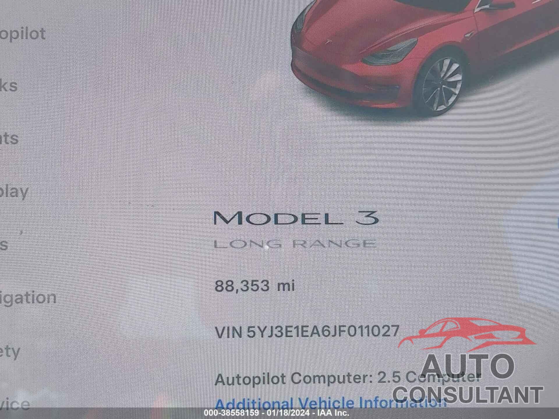 TESLA MODEL 3 2018 - 5YJ3E1EA6JF011027