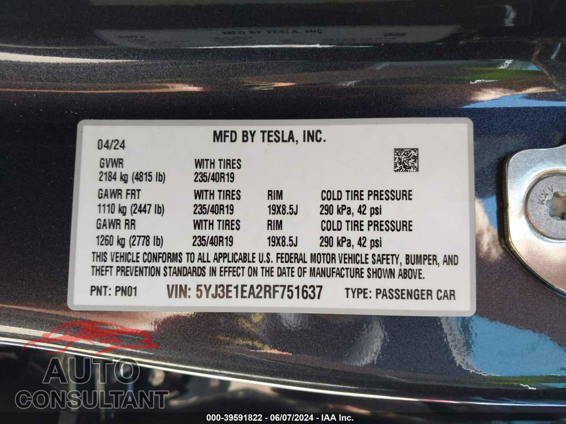 TESLA MODEL 3 2024 - 5YJ3E1EA2RF751637