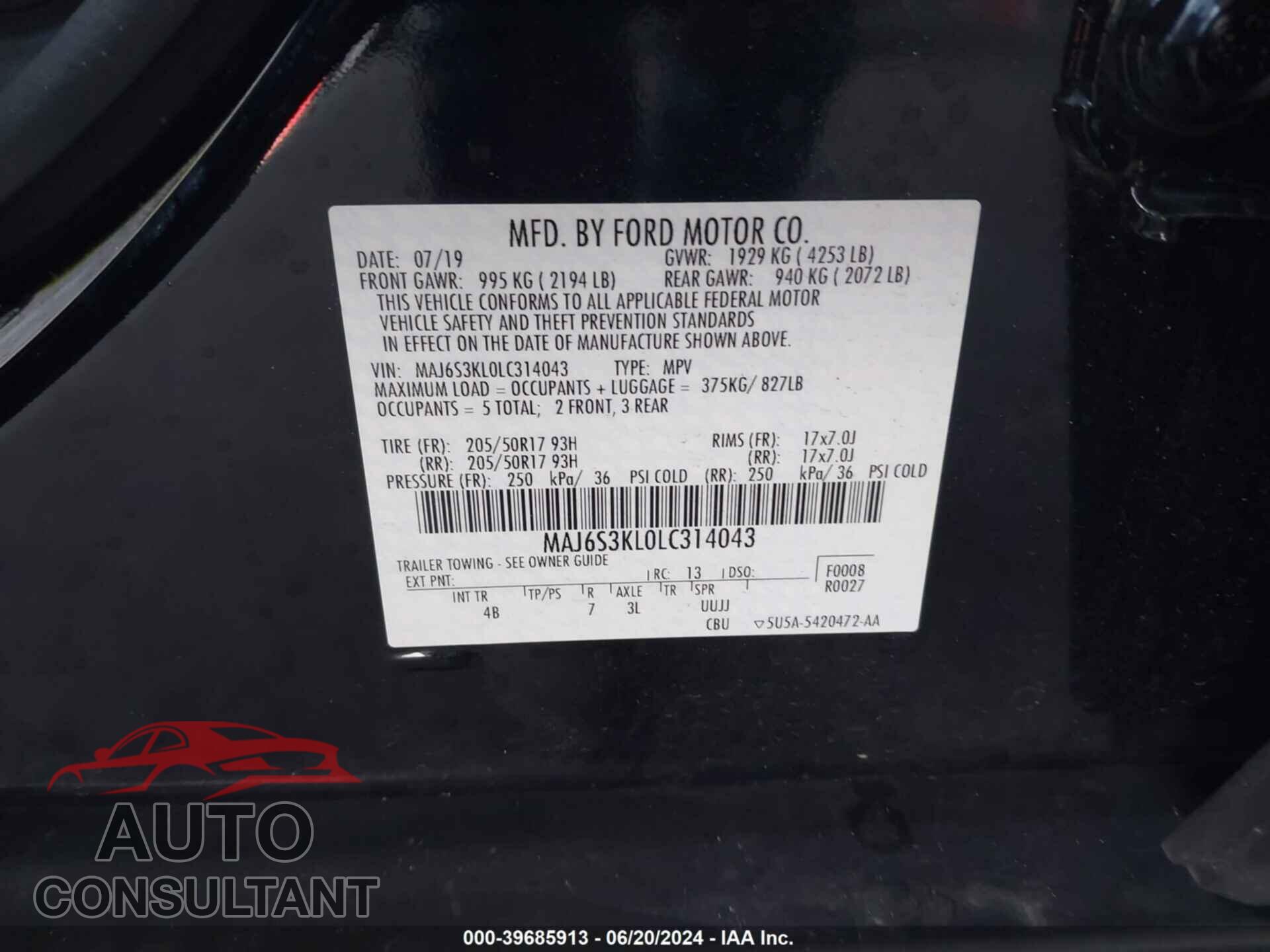 FORD ECOSPORT 2020 - MAJ6S3KL0LC314043