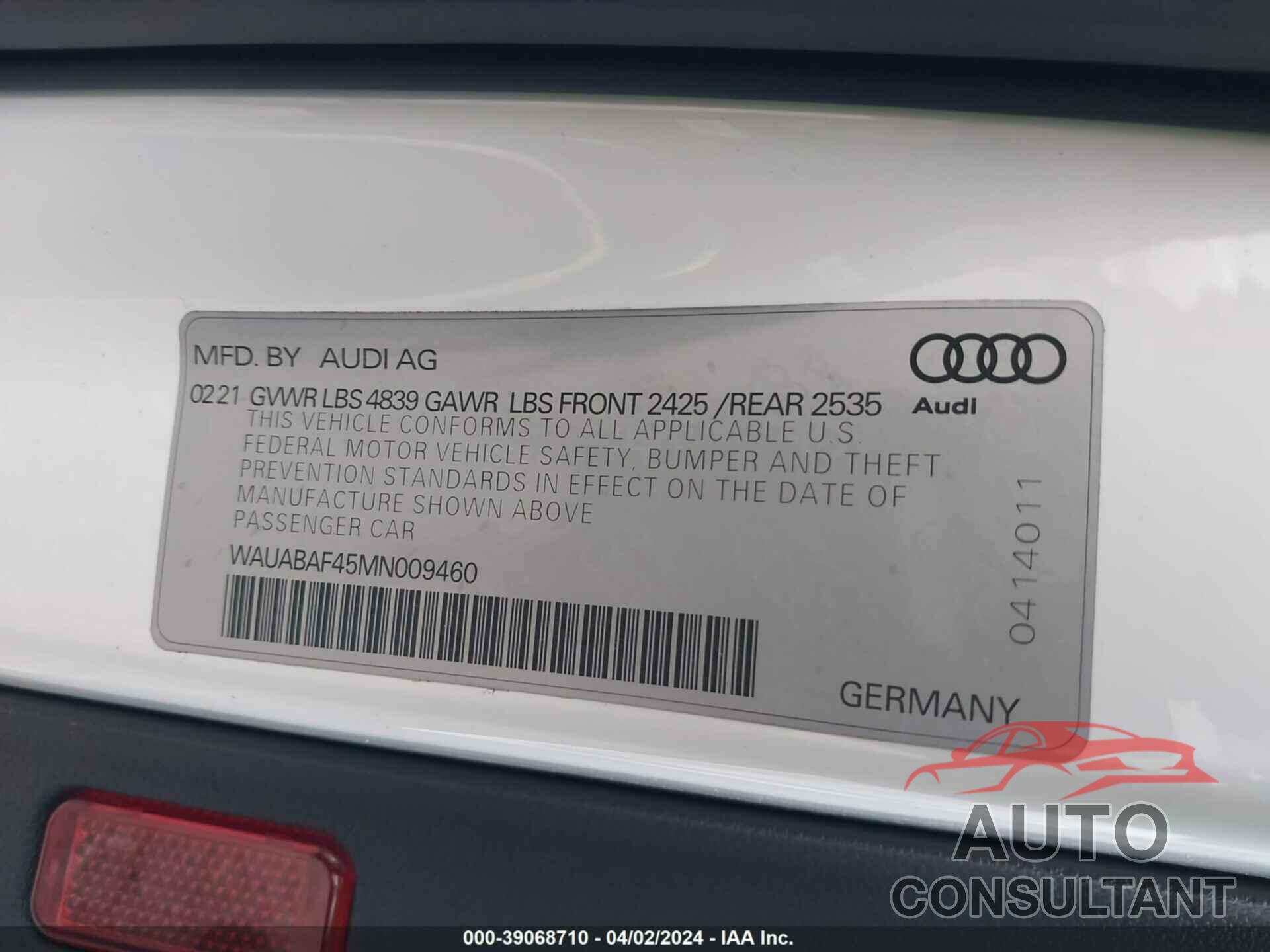 AUDI A4 2021 - WAUABAF45MN009460