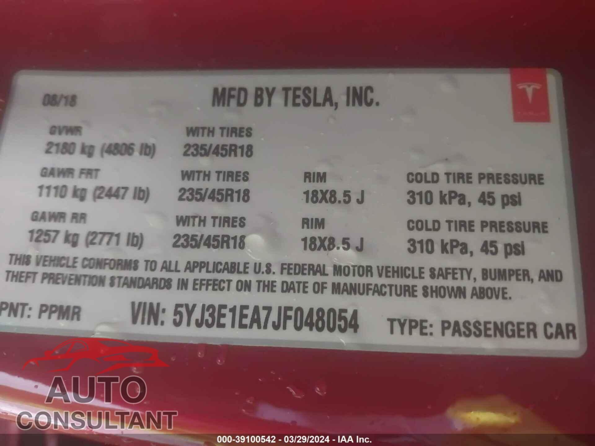 TESLA MODEL 3 2018 - 5YJ3E1EA7JF048054