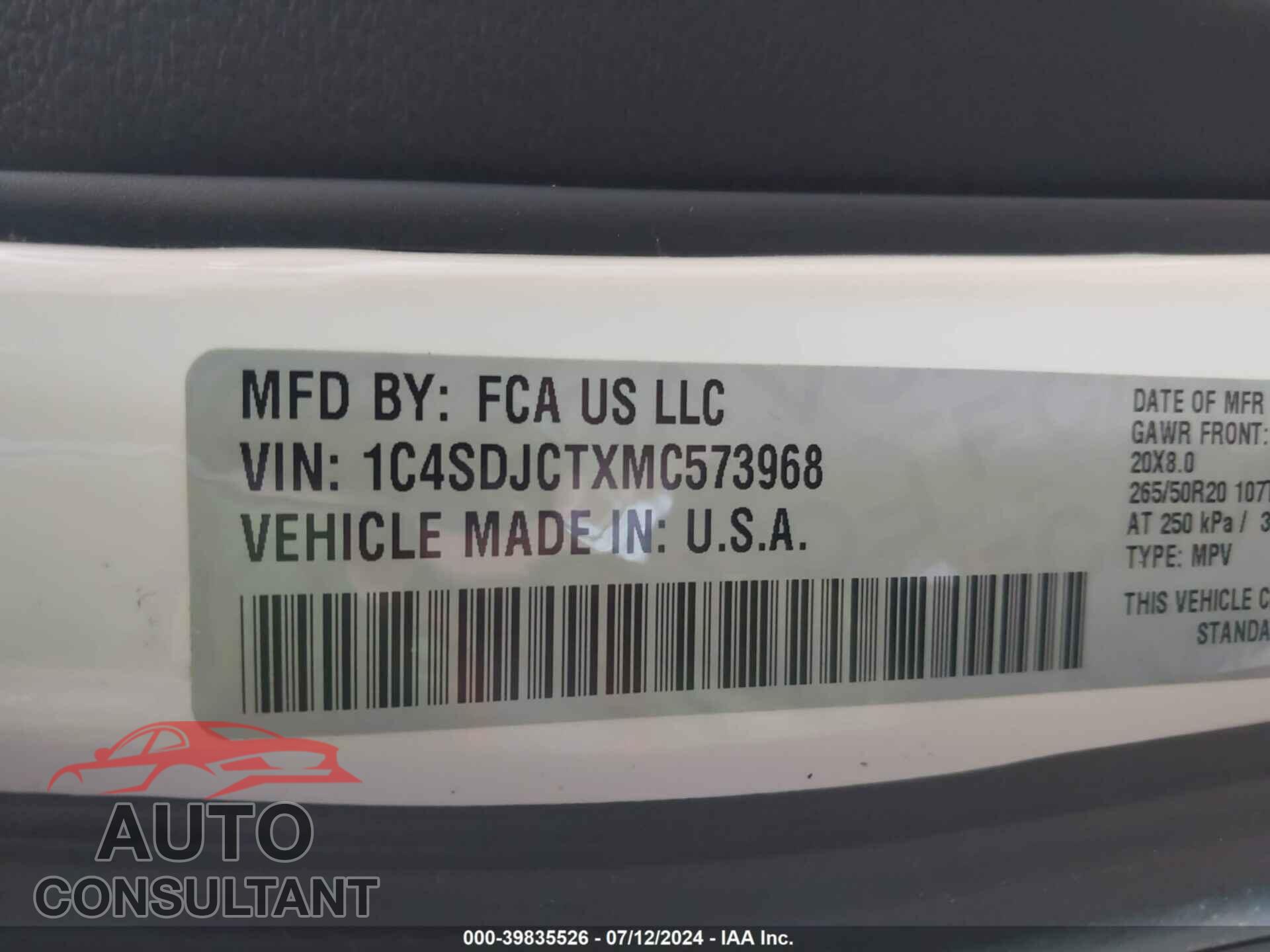 DODGE DURANGO 2021 - 1C4SDJCTXMC573968