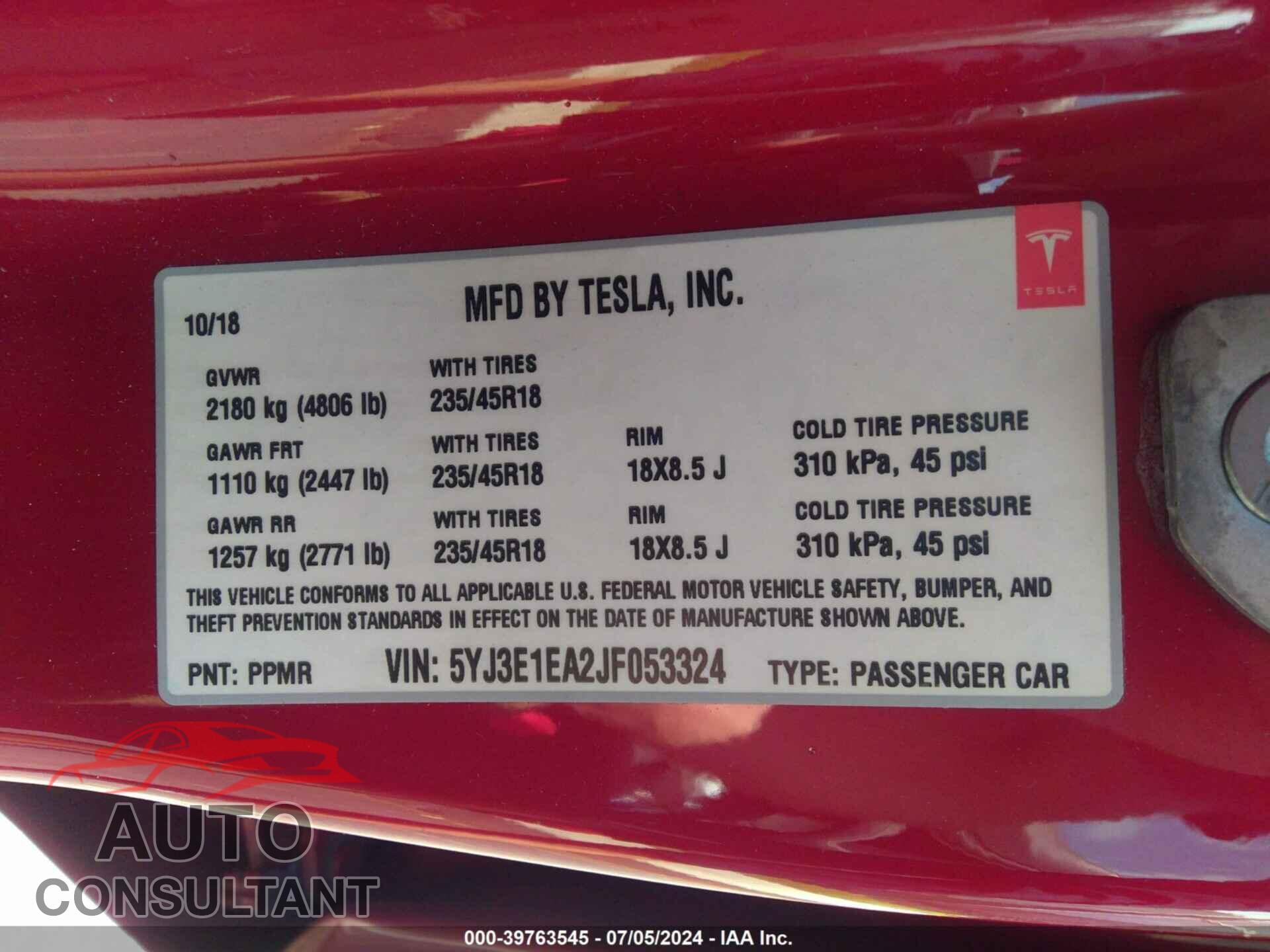 TESLA MODEL 3 2018 - 5YJ3E1EA2JF053324