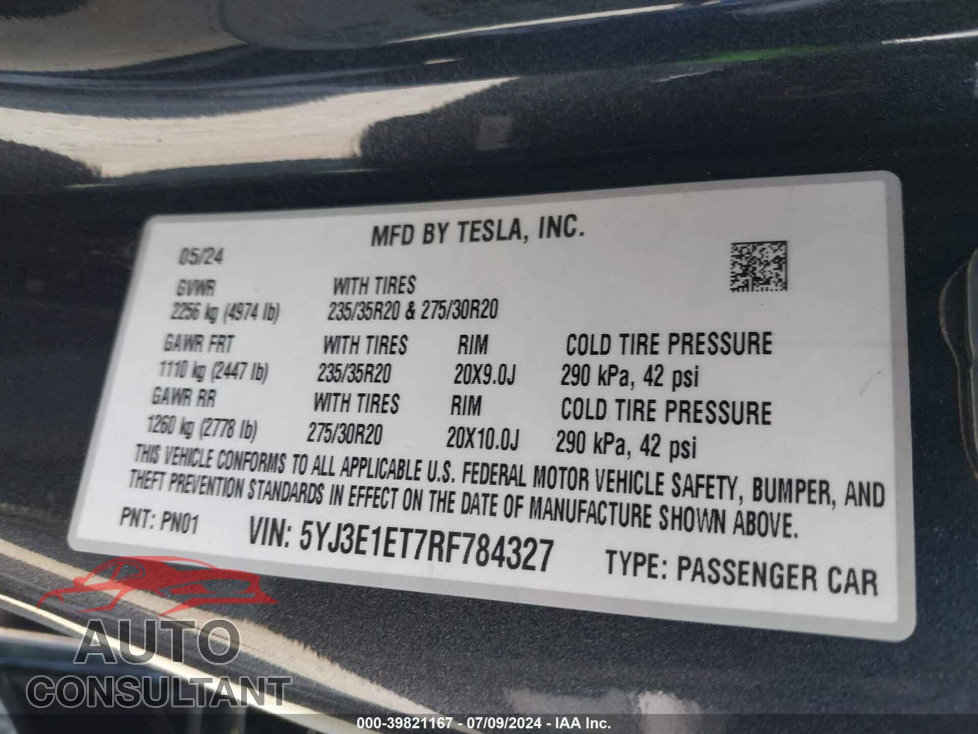 TESLA MODEL 3 2024 - 5YJ3E1ET7RF784327