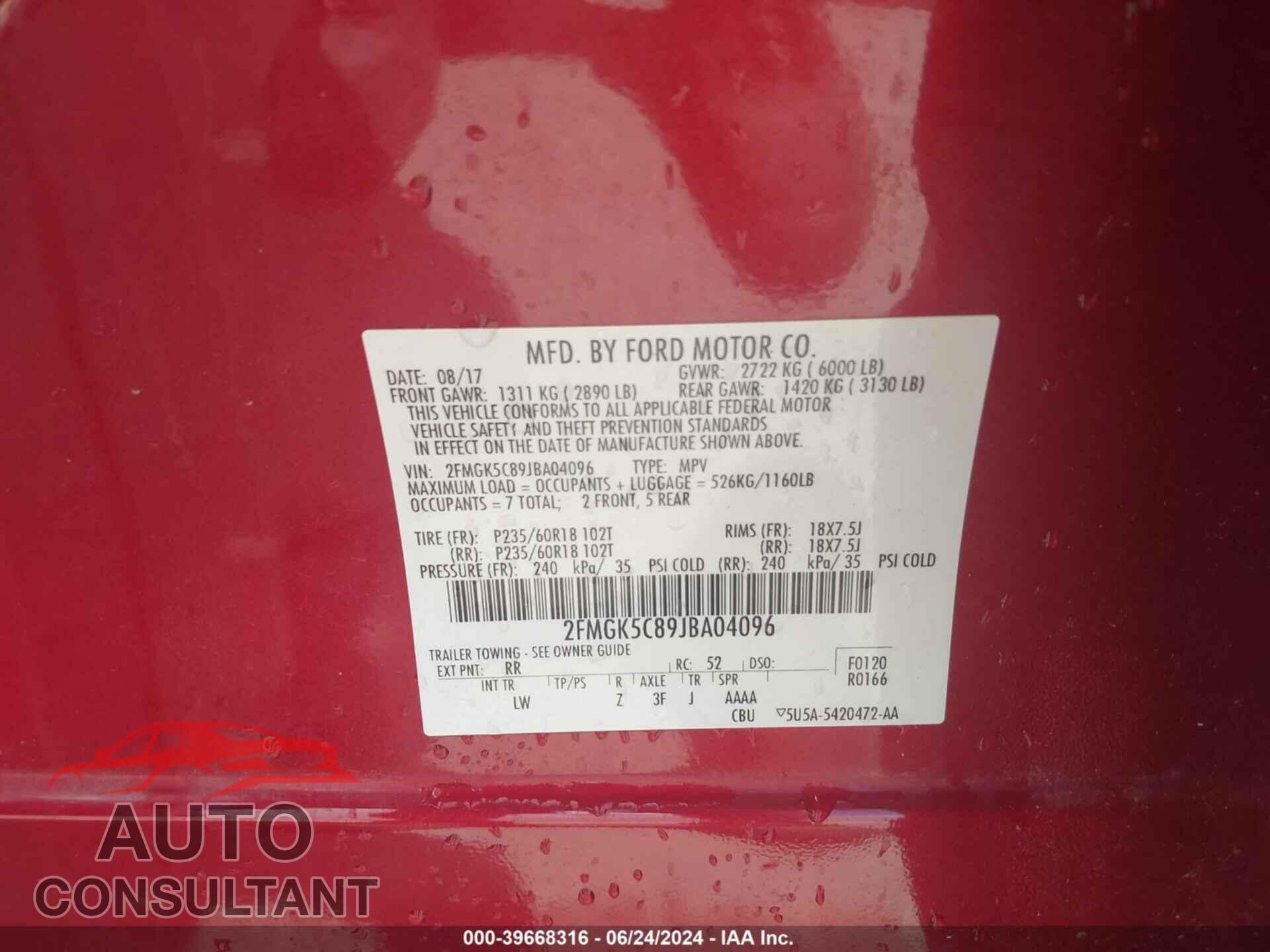 FORD FLEX 2018 - 2FMGK5C89JBA04096