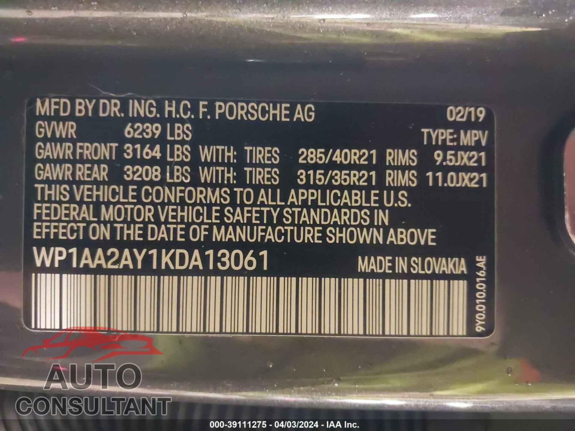 PORSCHE CAYENNE 2019 - WP1AA2AY1KDA13061
